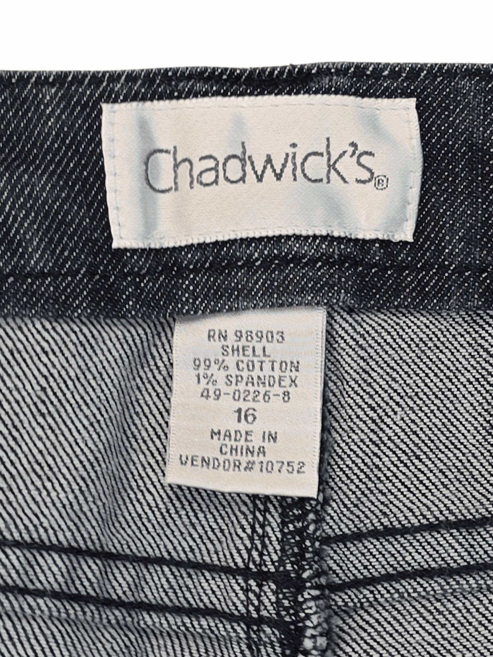 Chadwick’s blue straight leg medium wash denim jeans material content label