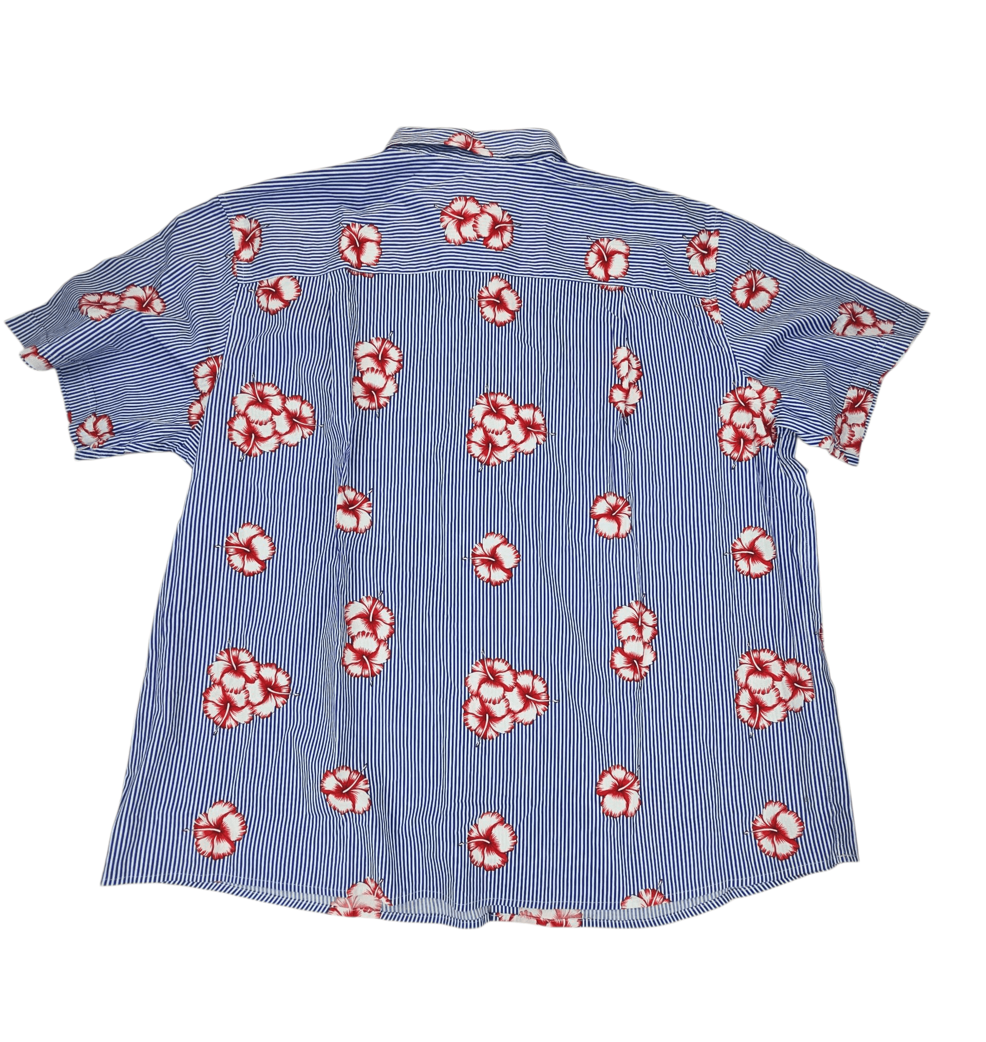 Back view of True Nation blue and white hibiscus stripe button-up shirt men’s size 3XL