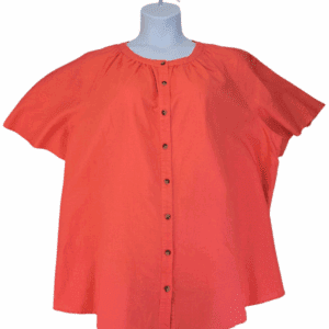 Front view of Woman Within coral linen-cotton short sleeve button-up top size 2X