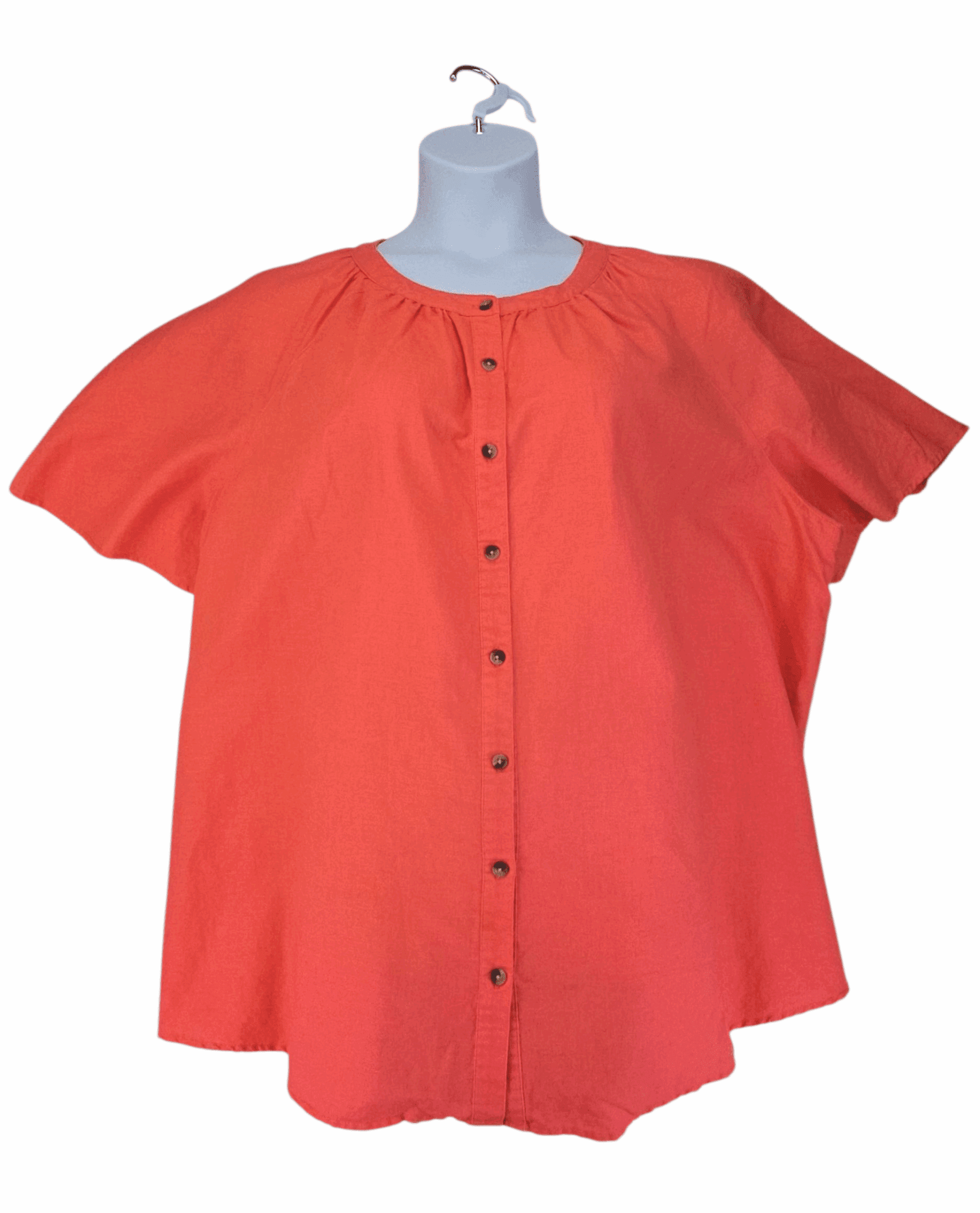 Front view of Woman Within coral linen-cotton short sleeve button-up top size 2X