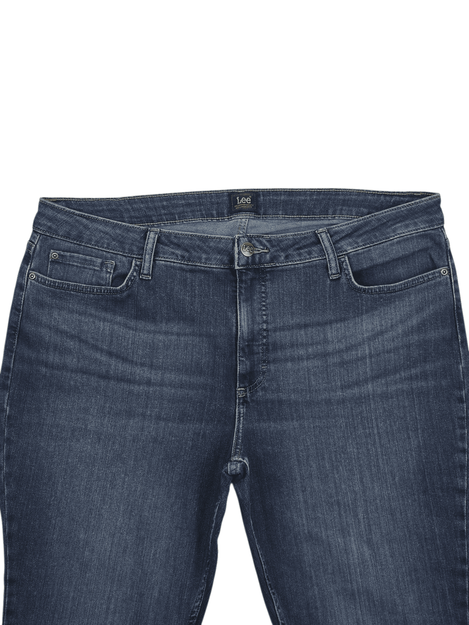 Close-up of waistband and pocket stitching on NWT Lee mid-rise bootcut blue denim jeans size 20