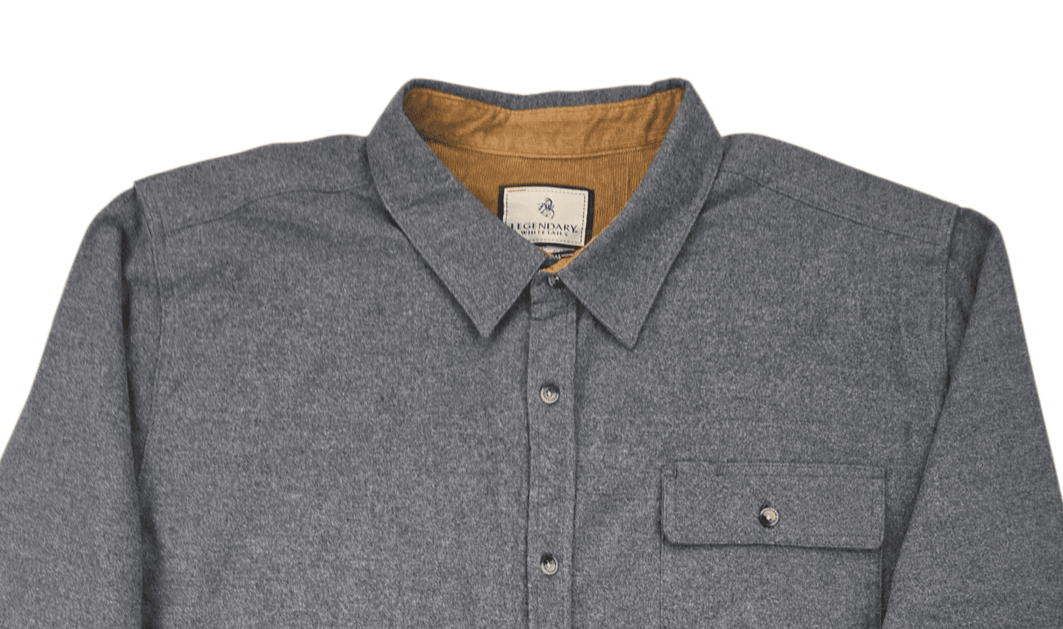 Close-up of front of Legendary Whitetails men’s 2XT gray brushed cotton button-up shirt showing pocket and button details