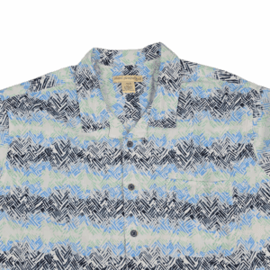 Close-up of front of Island Passport men’s size 2XLT multicolor abstract button-up shirt showing buttons and fabric pattern
