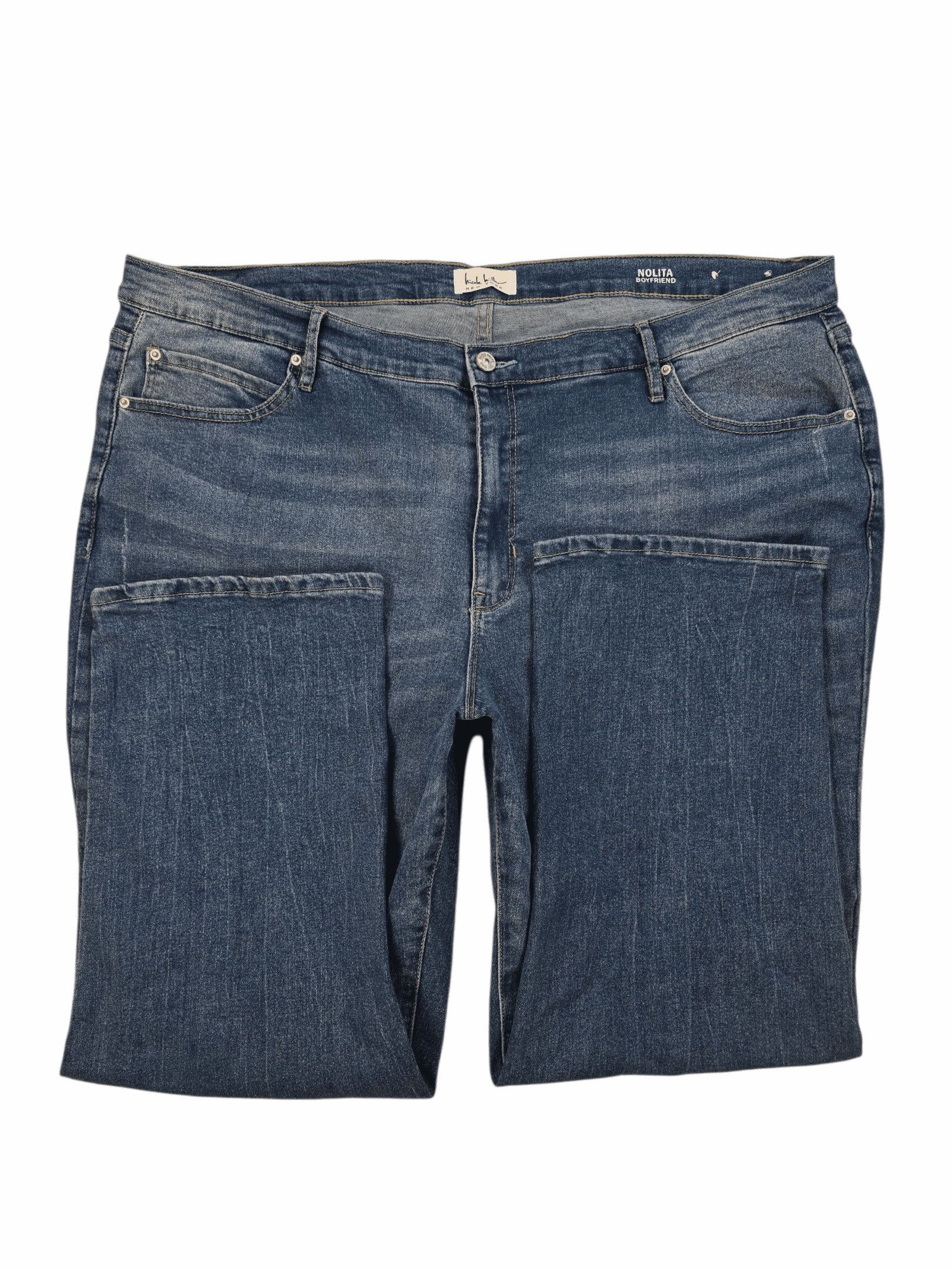 Close-up of waistband, button, and stitching on Levi’s 590 bootcut blue jeans women’s size 24W