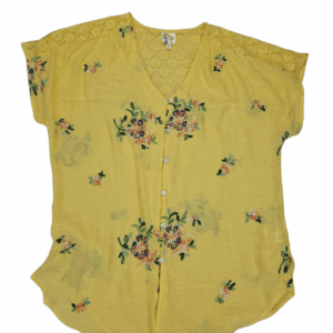 Front view of Fig & Flower yellow embroidered lace-back top women’s size 2X