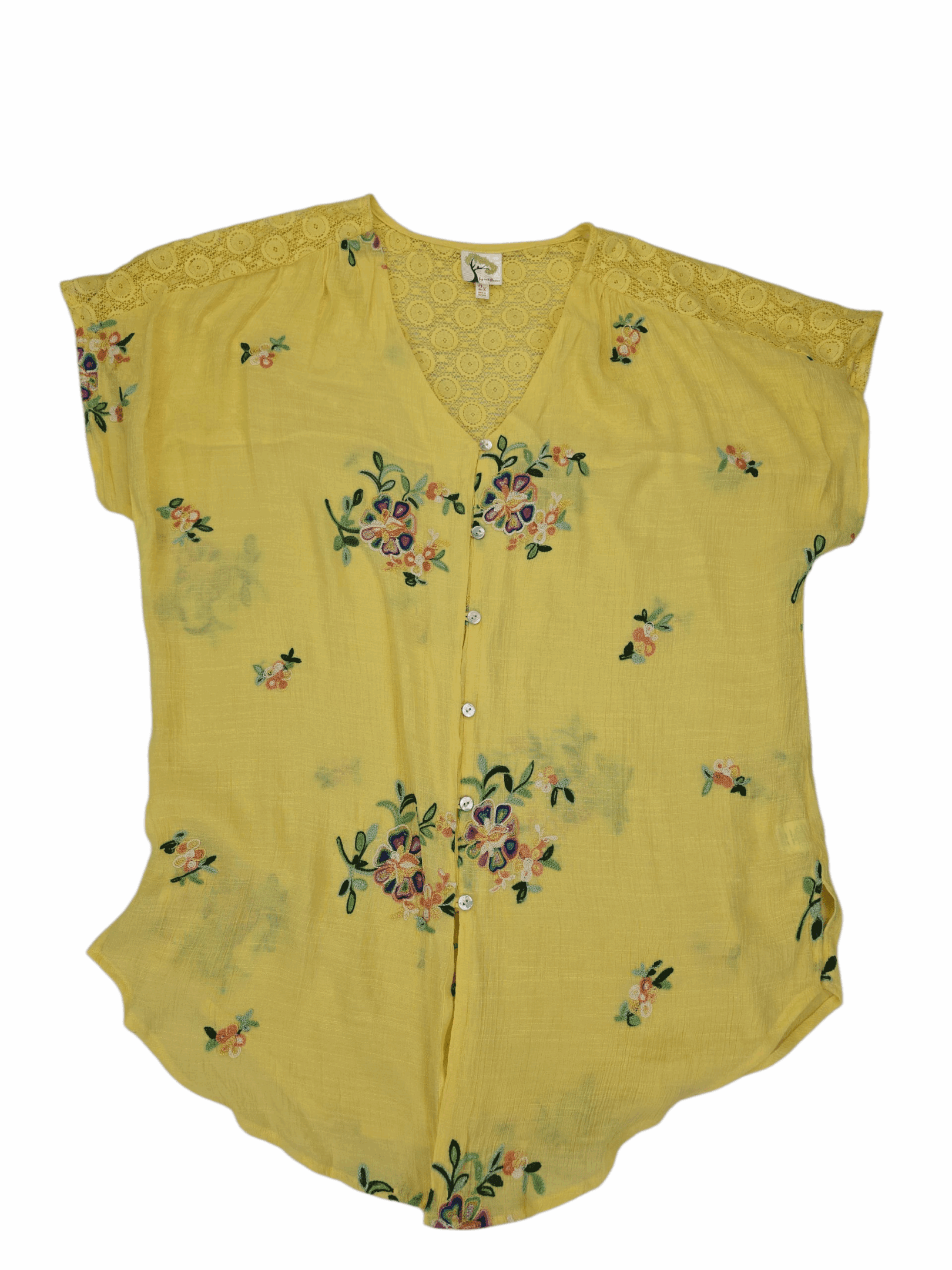 Front view of Fig & Flower yellow embroidered lace-back top women’s size 2X