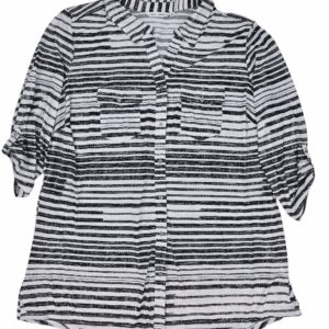 Front view of NWT Emily Daniels black and white striped sparkle button-up top women’s size 3X