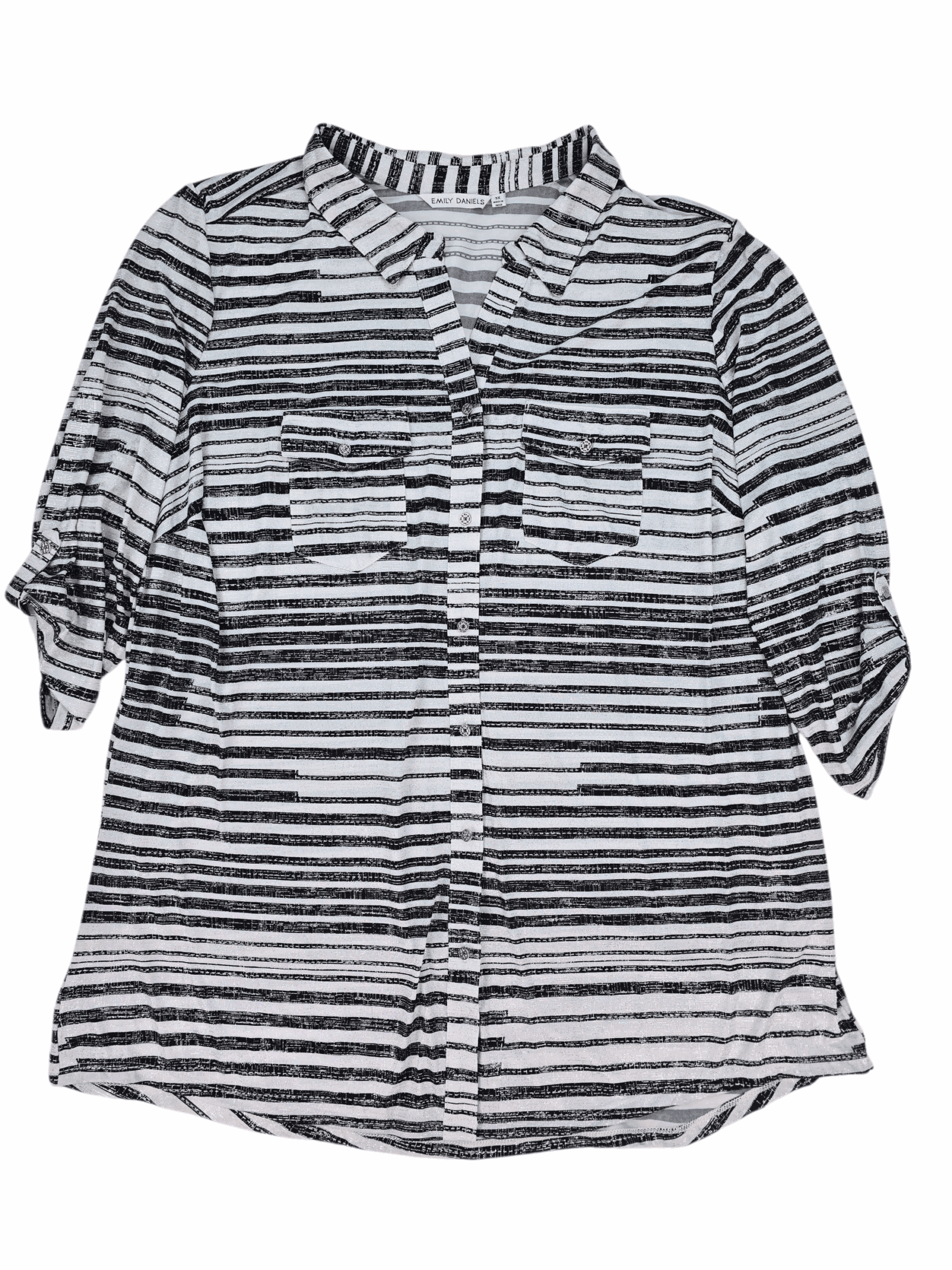 Front view of NWT Emily Daniels black and white striped sparkle button-up top women’s size 3X