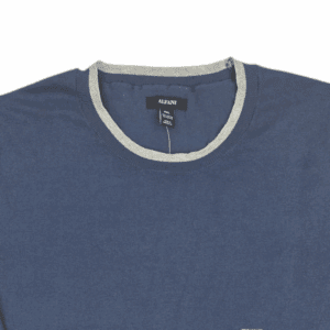 Close-up of front of NWT ALFANI men’s size XXL navy blue cotton blend crew neck sweater showing neckline and knit texture