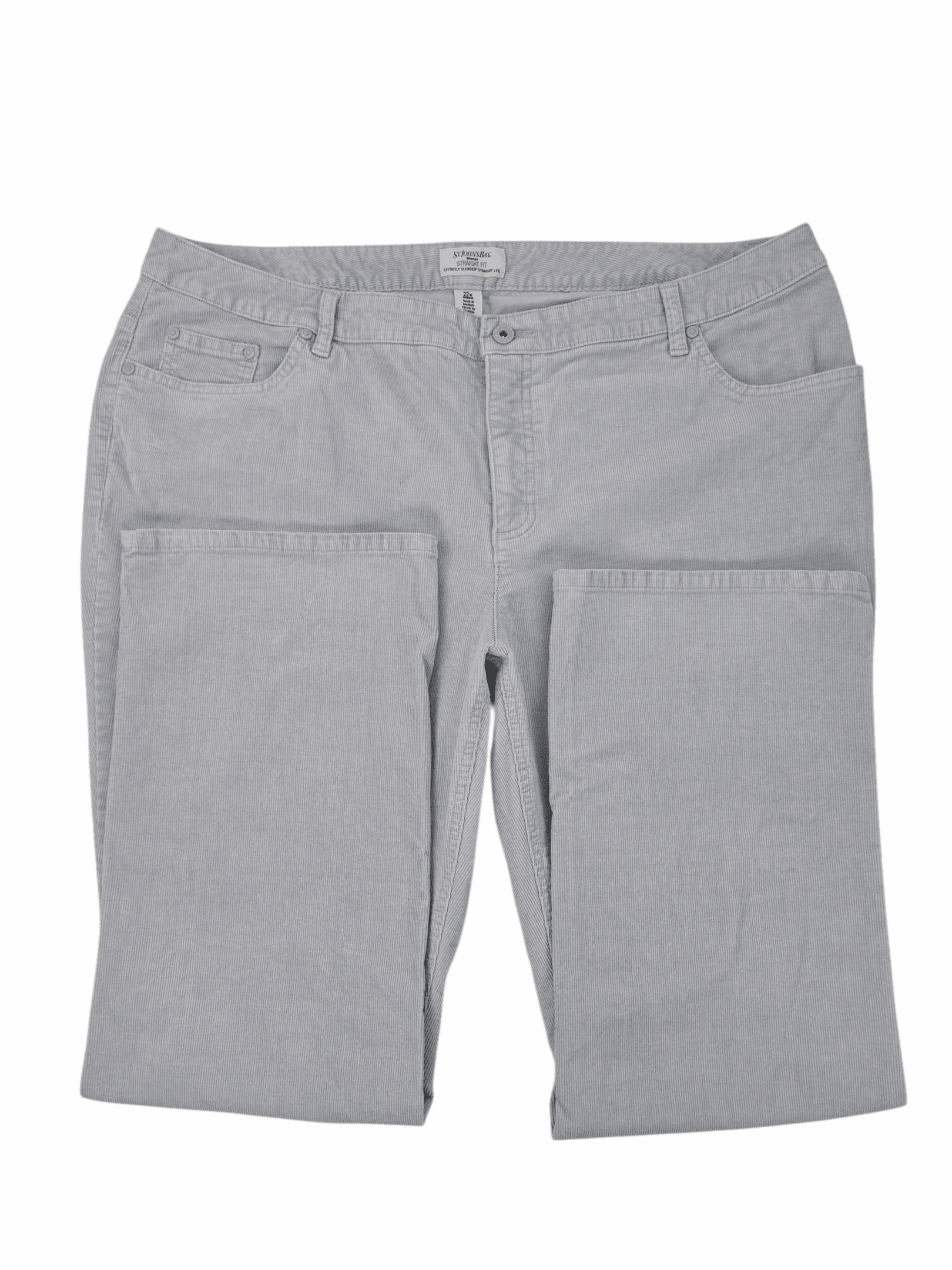 Close-Up of Front Details St. John’s Bay Women’s Plus Size 22W Light Gray Corduroy Straight-Leg Pants – Button and Zipper Front