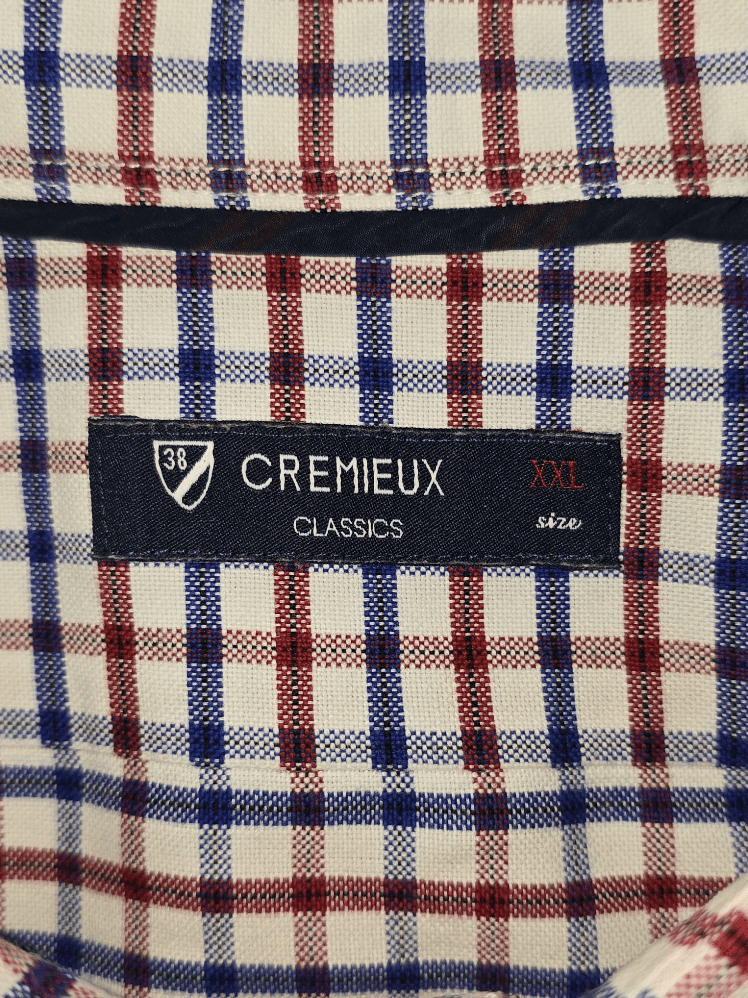 Cremieux Classics Brand and Size Tag on Red and Blue Checked Button-Up Shirt Size XXL – Men’s Classic Fit Label