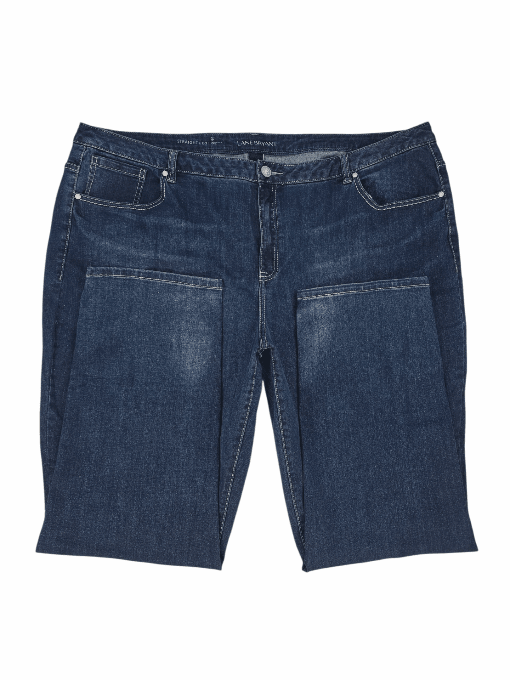 Close-up of waistband and stitching on Lane Bryant Genius Fit straight leg blue denim jeans women’s size 26R
