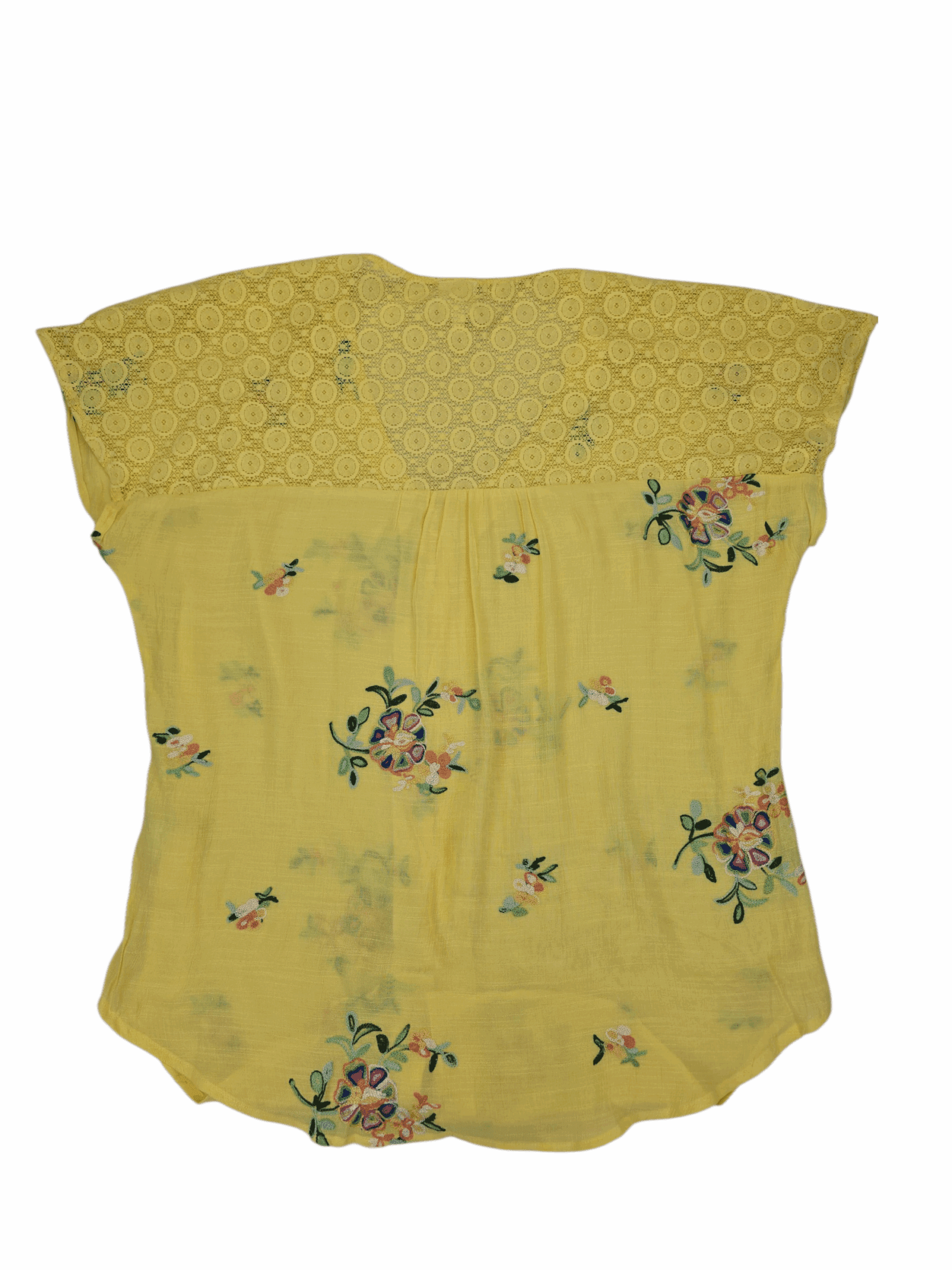Back view of NWT Fig & Flower yellow embroidered lace-back top women’s size 2X