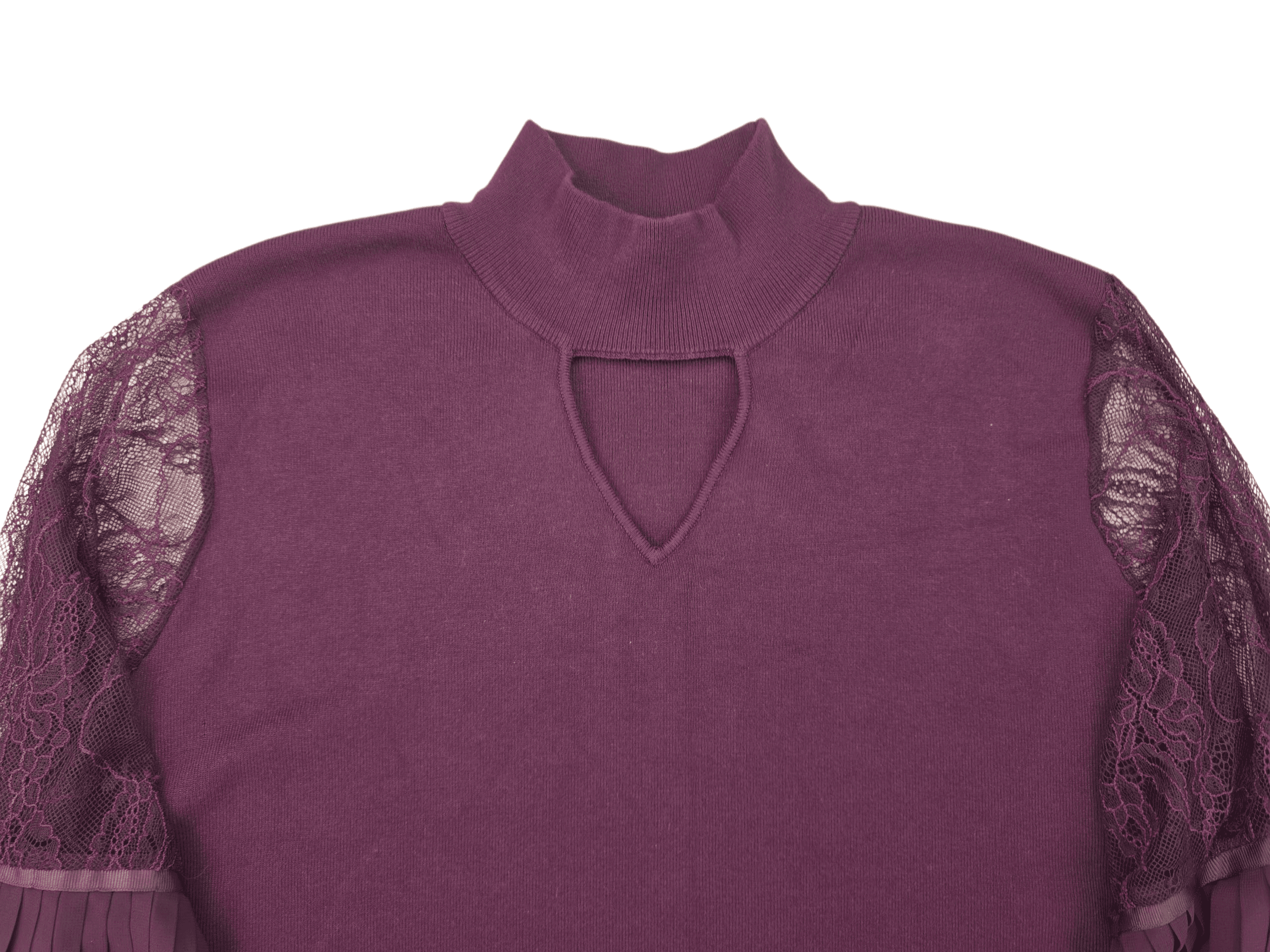 Close-up of keyhole neckline and lace accordion sleeves on Belldini wine pullover sweater size 3X