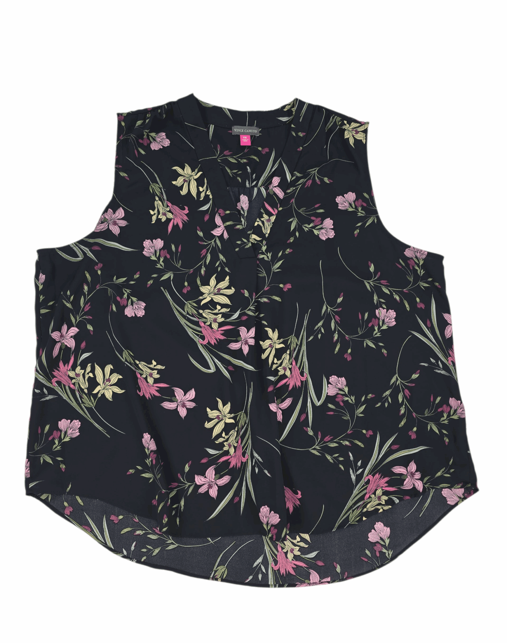 Front view of Vince Camuto black floral sleeveless V-neck pullover top women’s size XXL