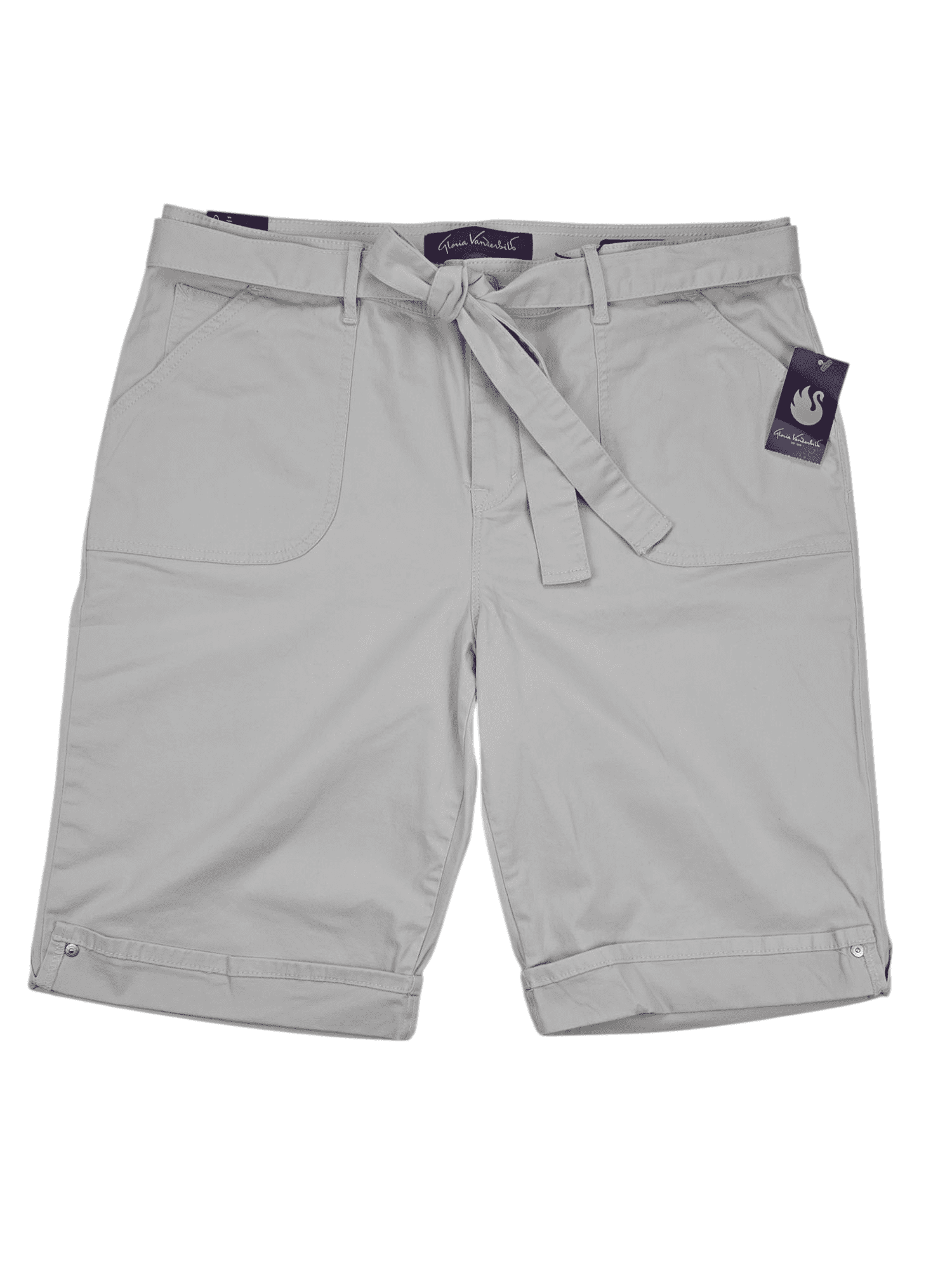 Front view of NWT Gloria Vanderbilt light tan Bermuda shorts with belt size 16