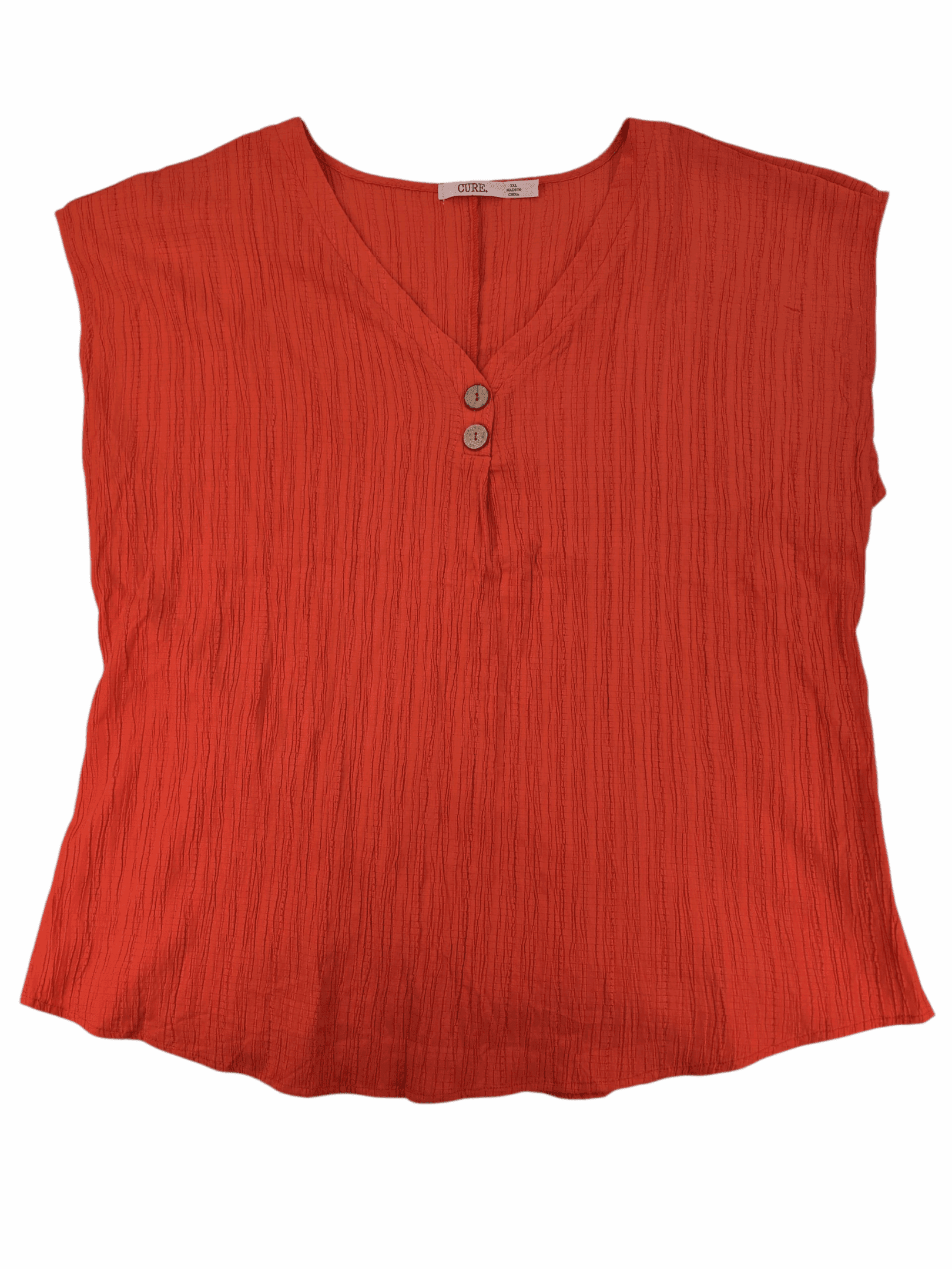 Cure women’s 3XL textured orange pullover top front view with wooden buttons