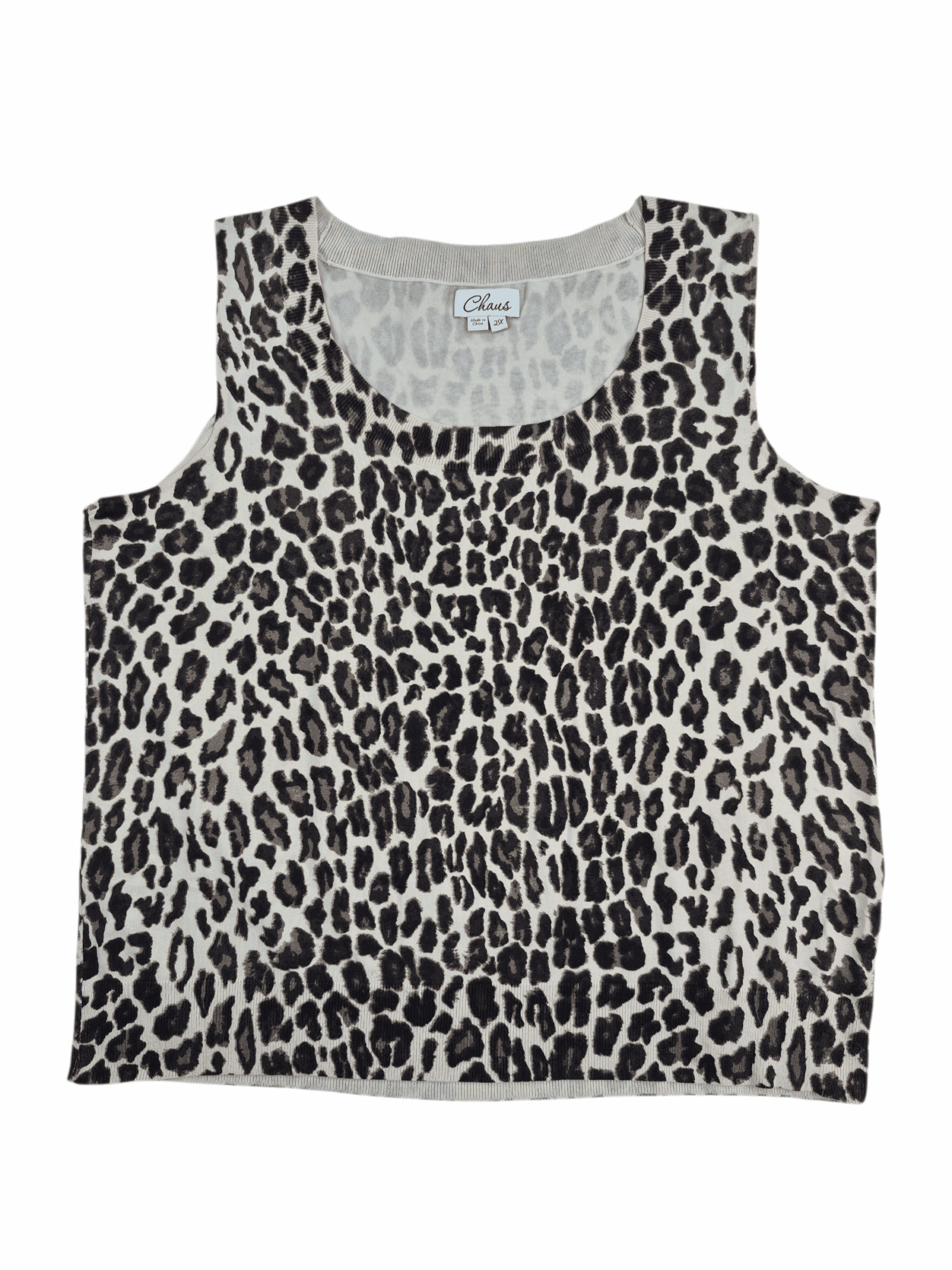Chaus Women’s 2X sleeveless pullover top front view, animal print