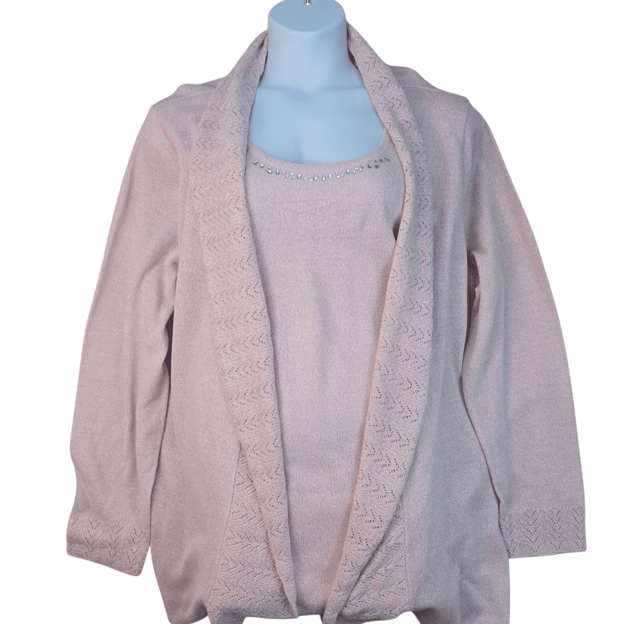 Front view of NWT Briggs pink metallic layered look cardigan sweater size 3X