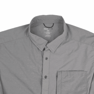 Close-up of front of Swiss Tech men’s size 3XL gray long sleeve button-up shirt showing pockets, buttons, and texture