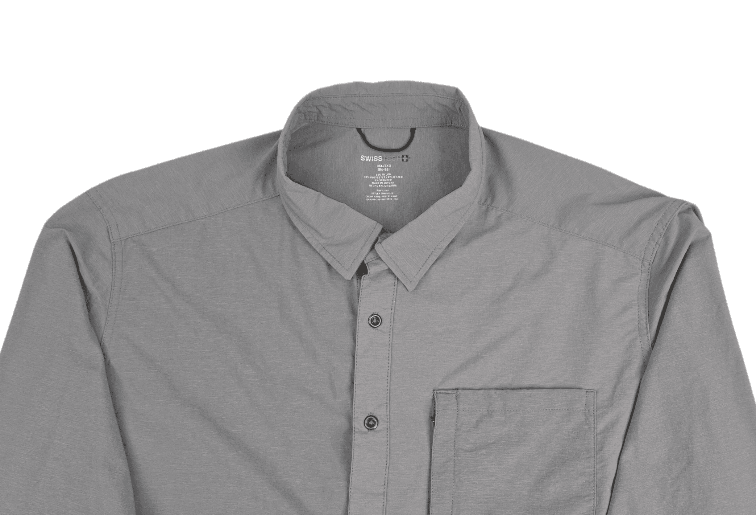 Close-up of front of Swiss Tech men’s size 3XL gray long sleeve button-up shirt showing pockets, buttons, and texture