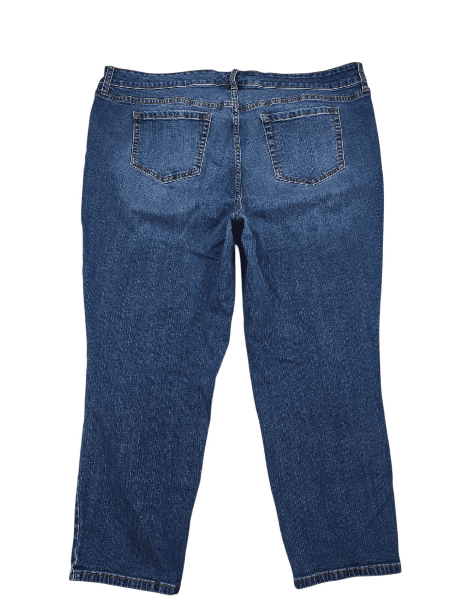 Back view of Disney women’s size 20 blue denim cropped jeans with Mickey Mouse patchwork