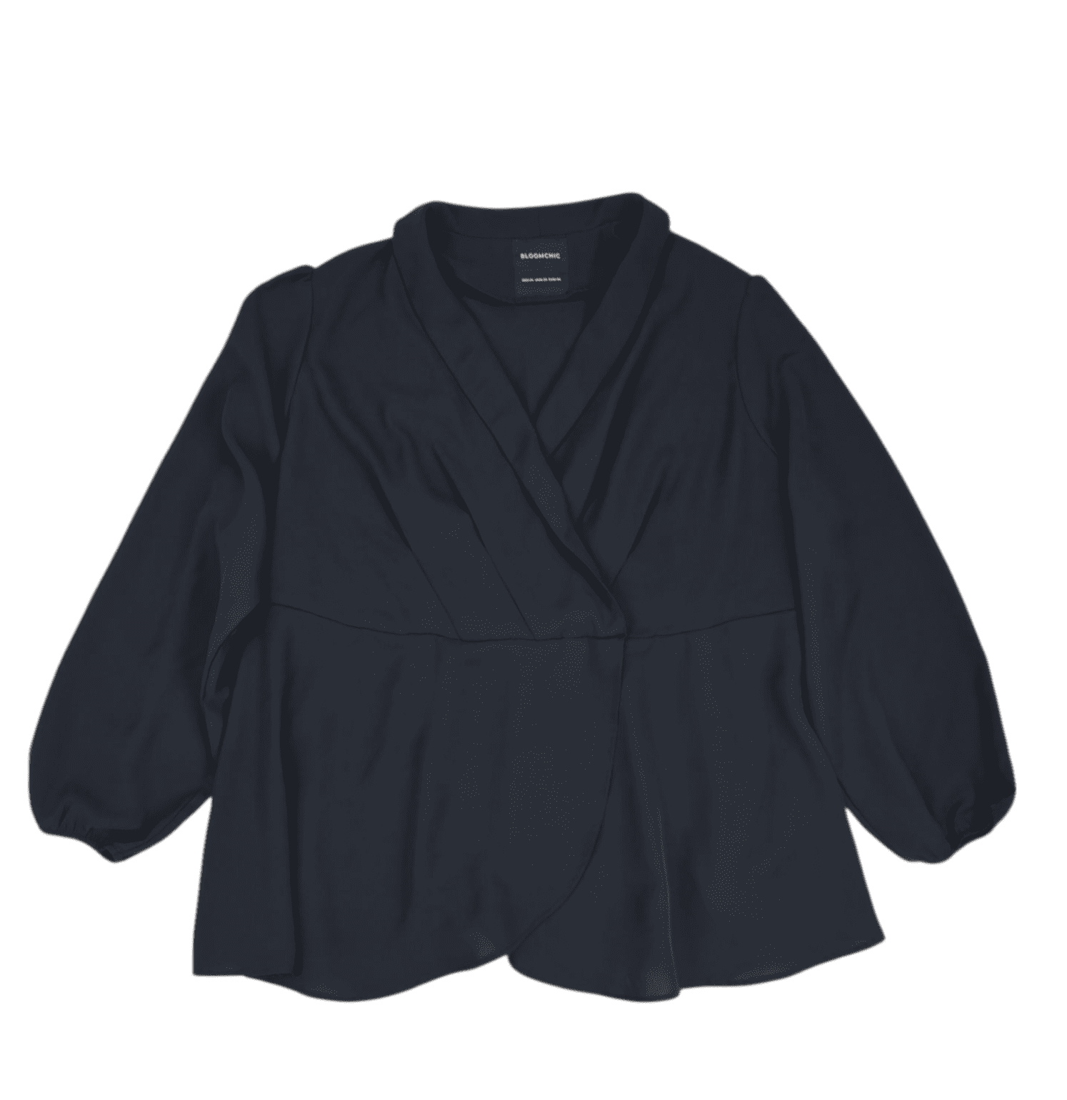 Front view of Bloom Chic black long sleeve cross-cut puff sleeve top size 22/24