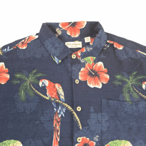 Close-up of front of Caribbean men’s size 4XB pure silk Hawaiian shirt showing button placket and tropical print detail