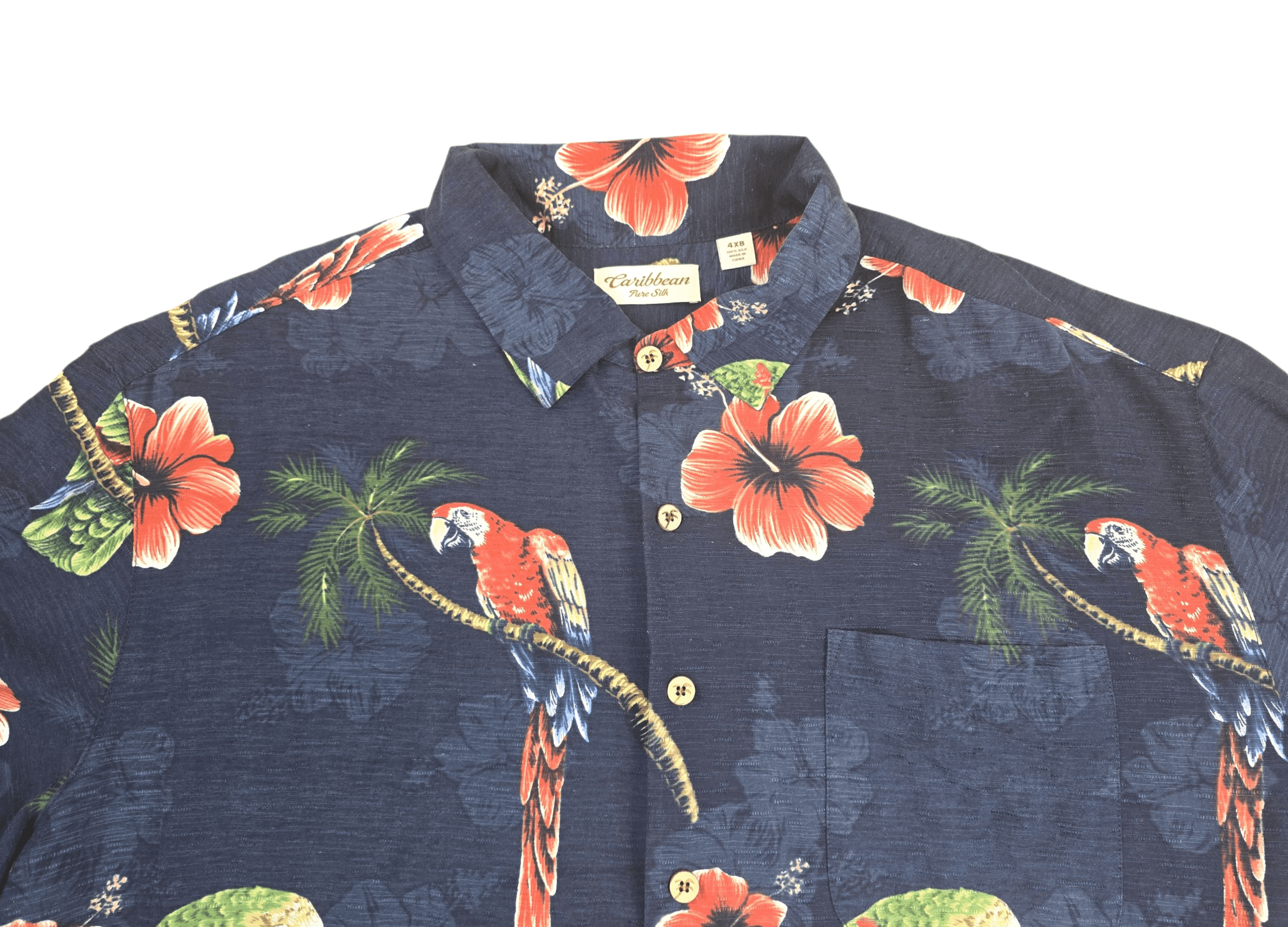 Close-up of front of Caribbean men’s size 4XB pure silk Hawaiian shirt showing button placket and tropical print detail