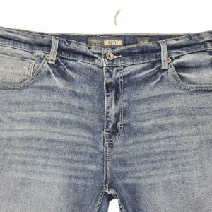 Close-up of waistband, pockets, and stitching on BKE Seth blue straight leg medium wash denim jeans size 40R