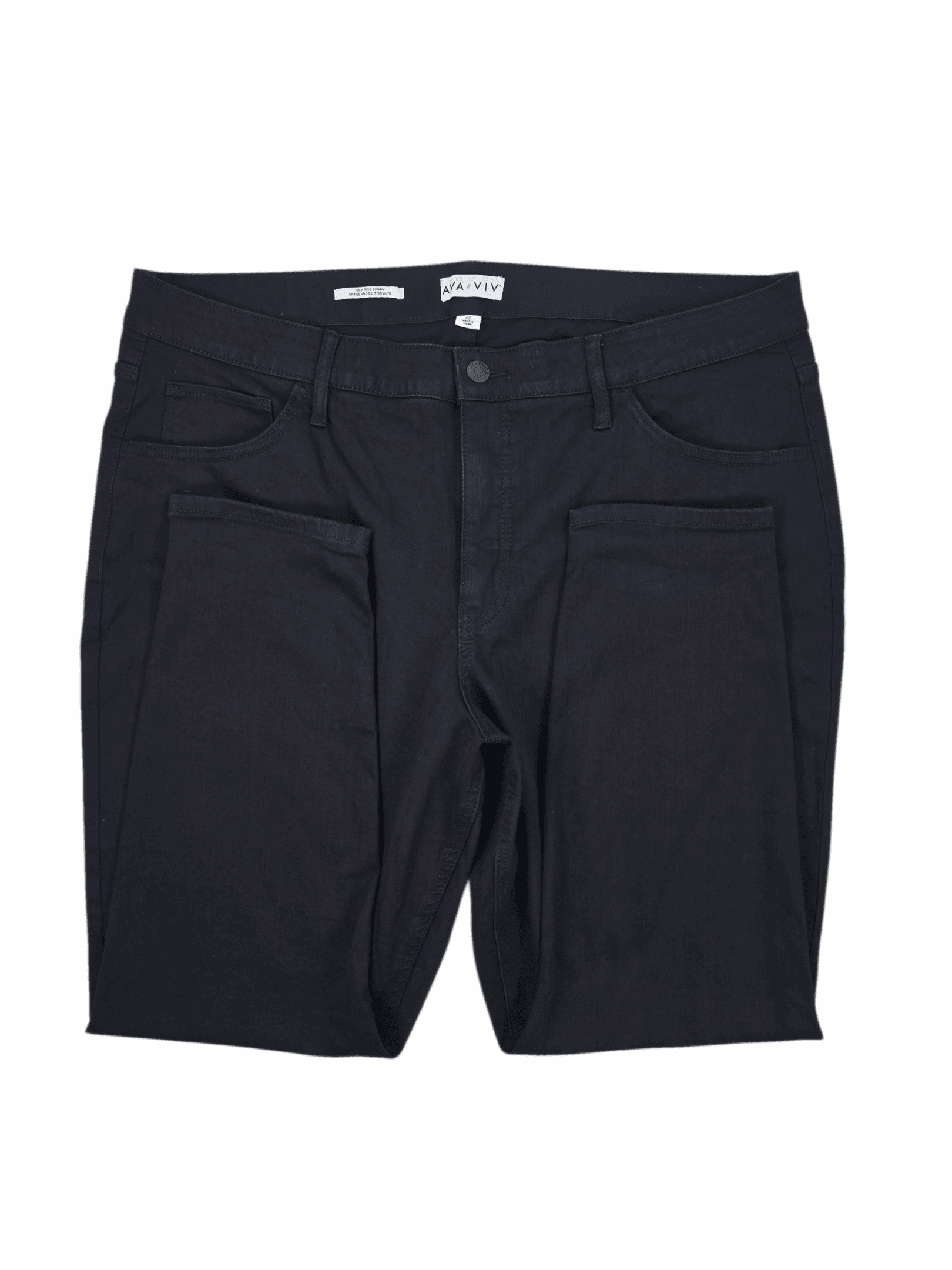 Close-up of front of Ava & Viv women’s size 22 black high-rise skinny jeans showing button, zipper, and pocket stitching