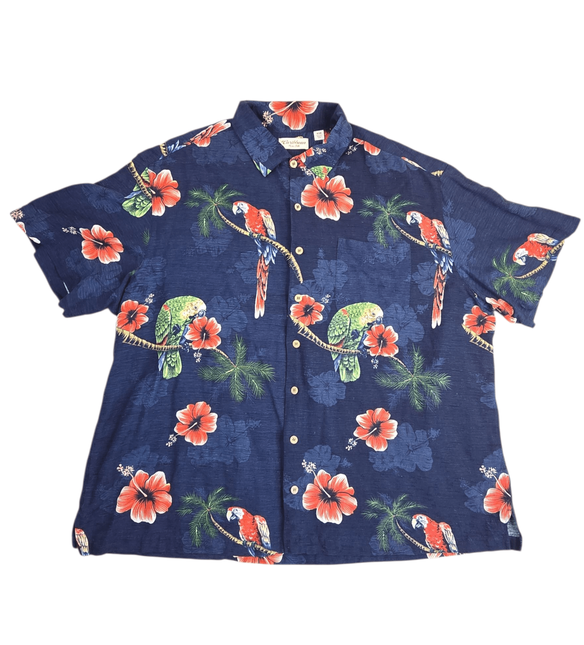 Caribbean men’s size 4XB pure silk Hawaiian shirt with tropical print front view