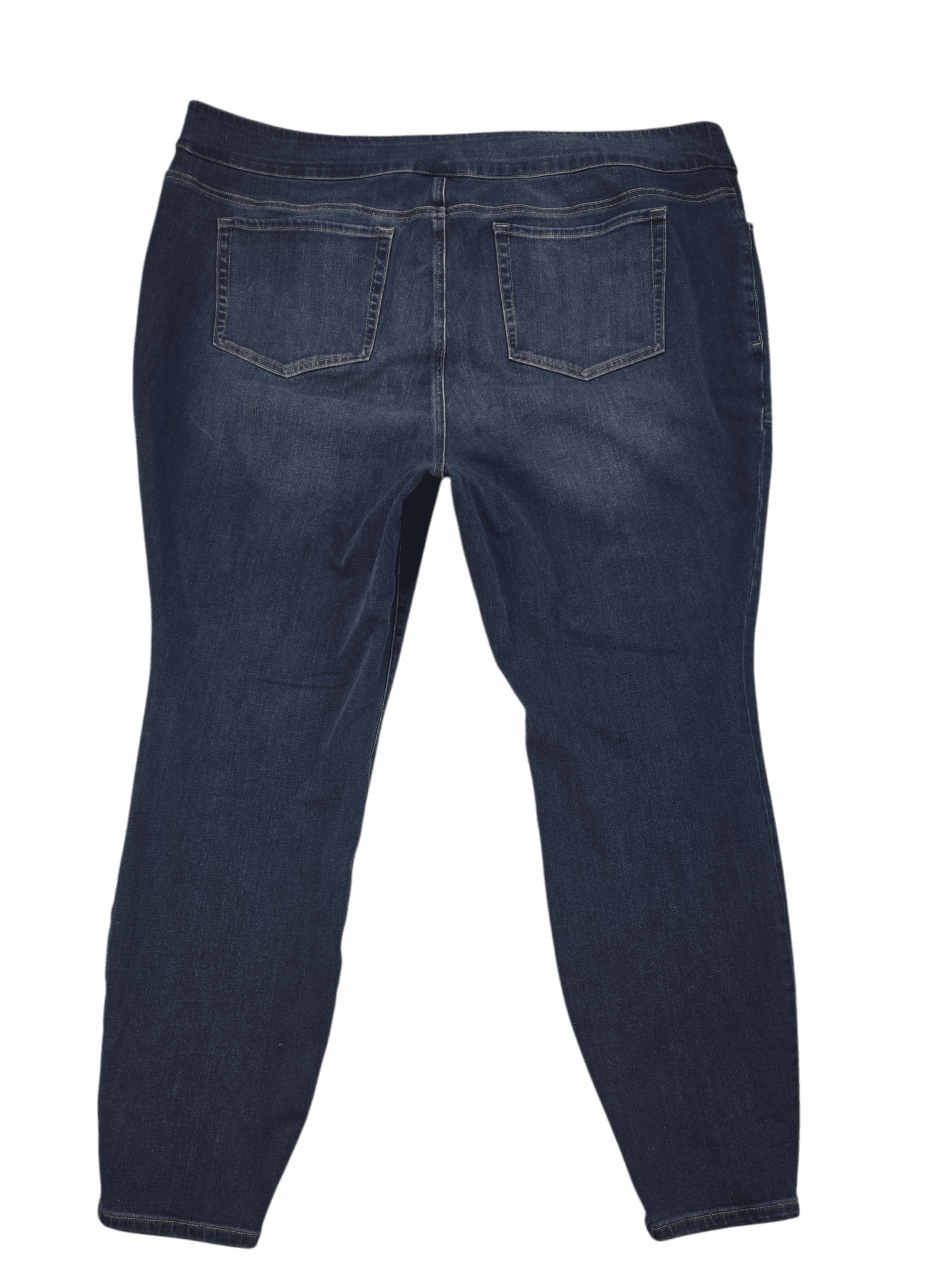 Back view of Duluth women’s size 24W regular blue pull-on skinny jeans