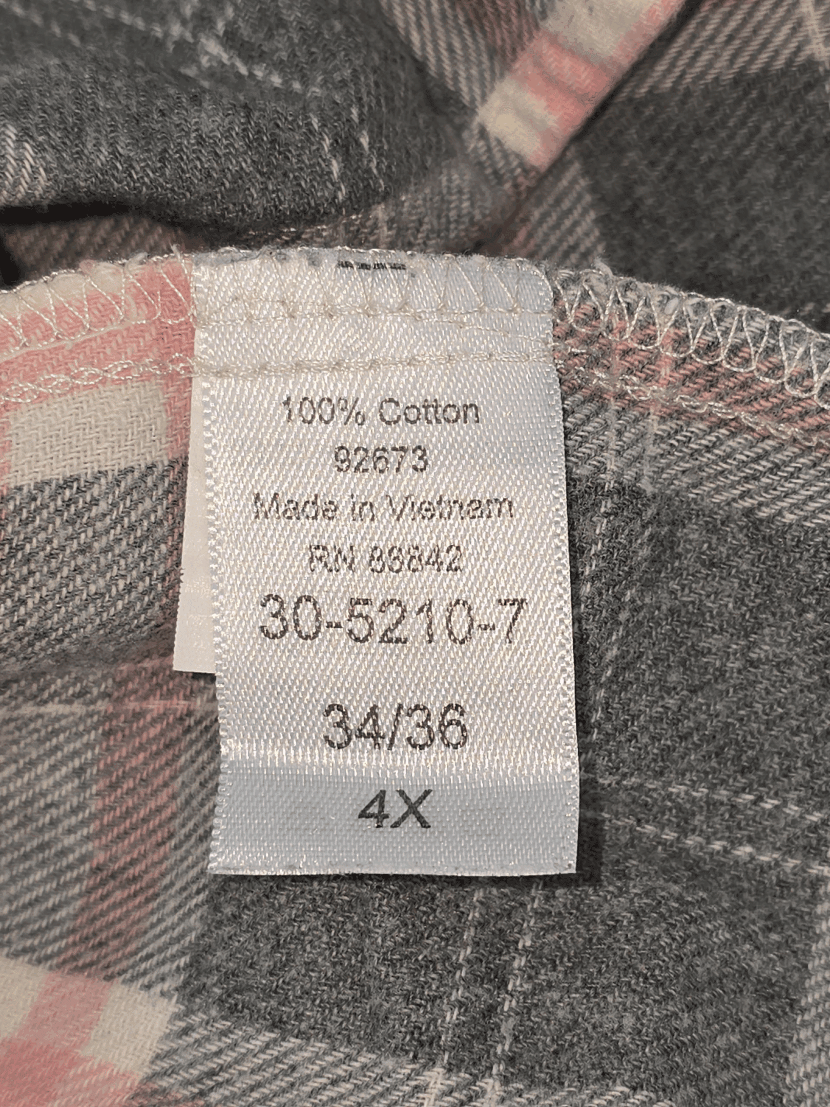 Woman Within gray and pink checked flannel shirt material content label