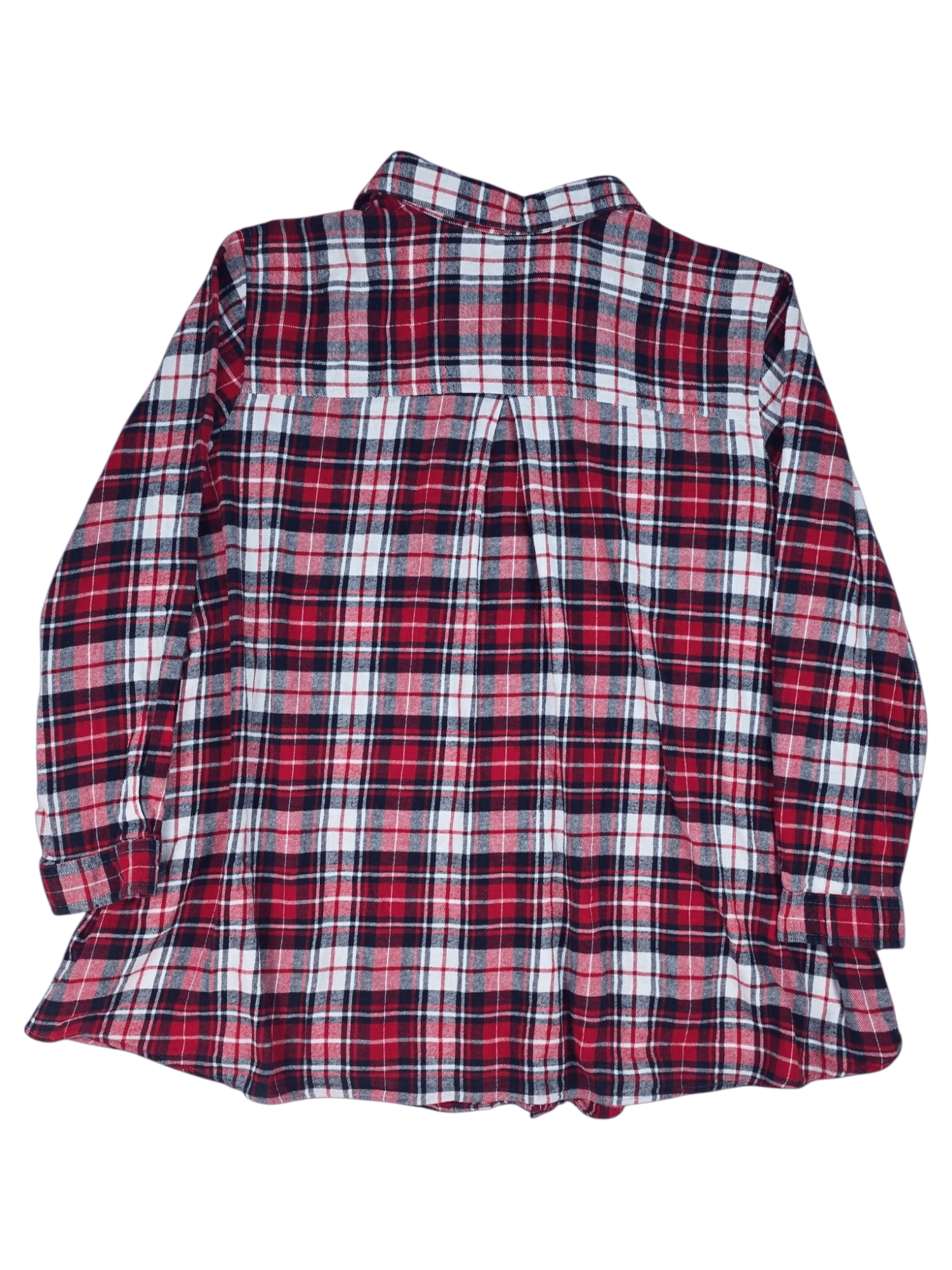 Back view of Ellos red, white, and blue plaid flannel button-up shirt size 4X