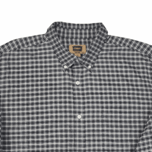 Close-up of collar, buttons, and check pattern on The Foundry gray easy care button-up shirt men’s size XLT