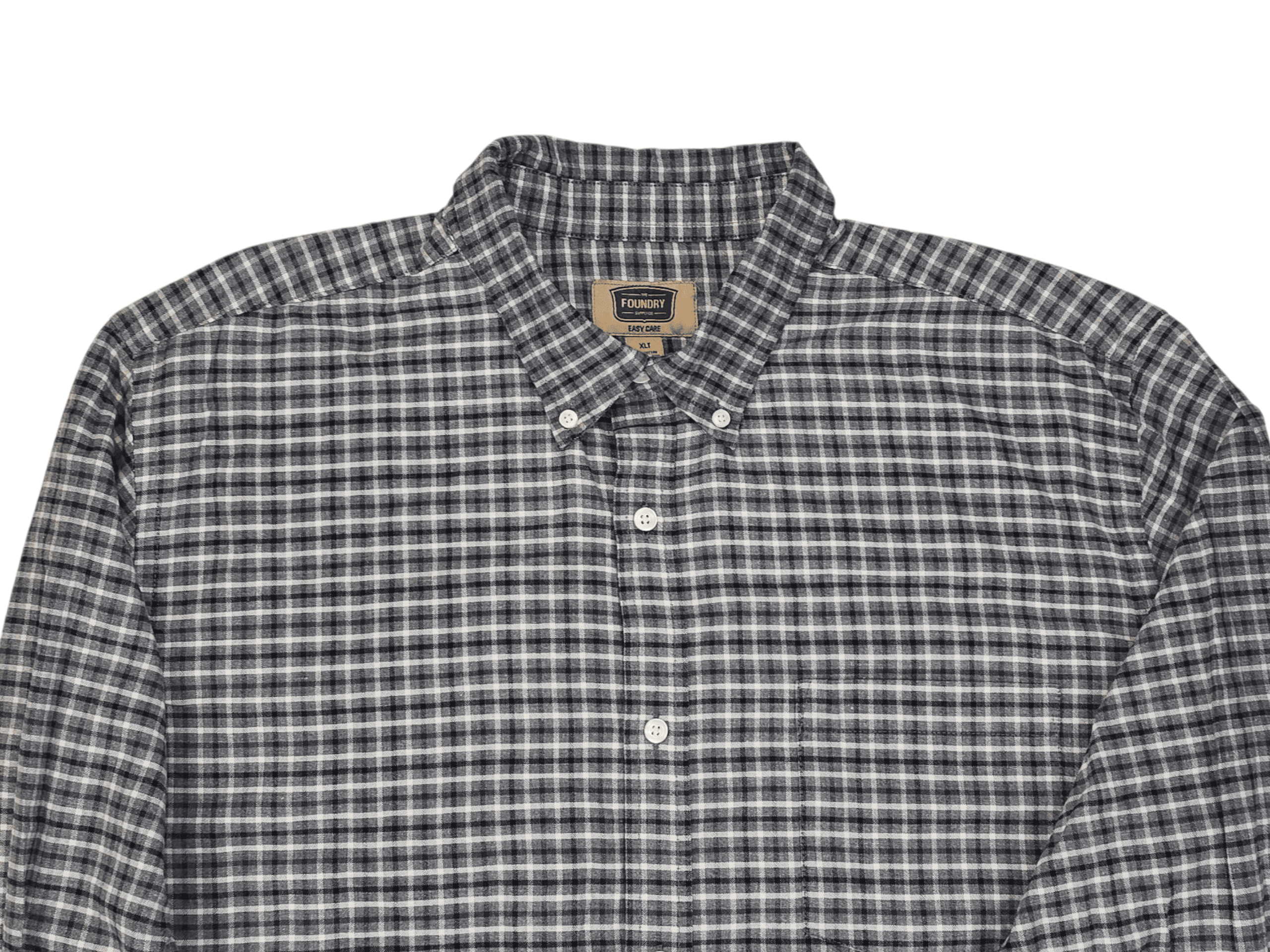 Close-up of collar, buttons, and check pattern on The Foundry gray easy care button-up shirt men’s size XLT