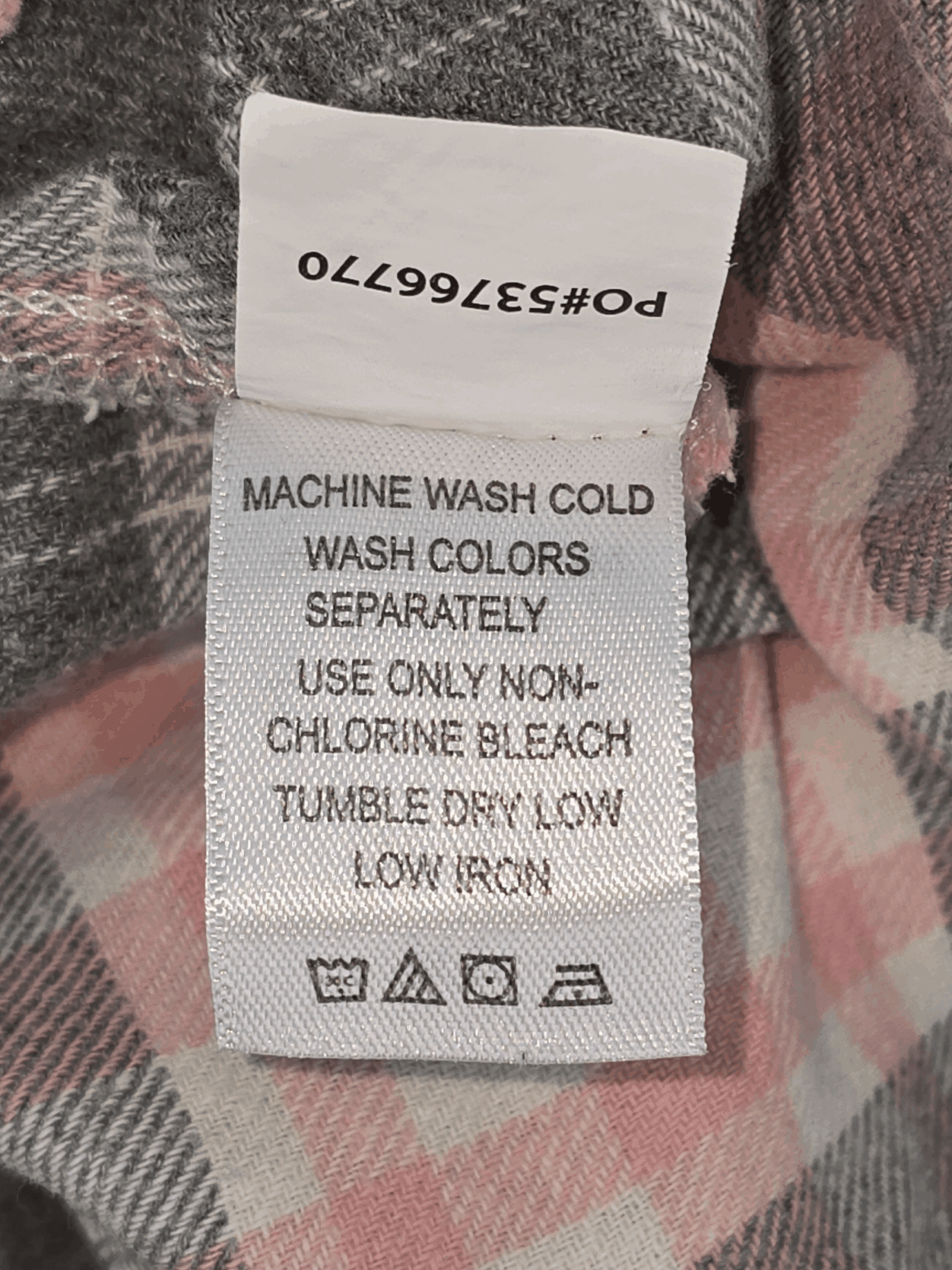 Woman Within gray and pink checked flannel shirt care instructions label