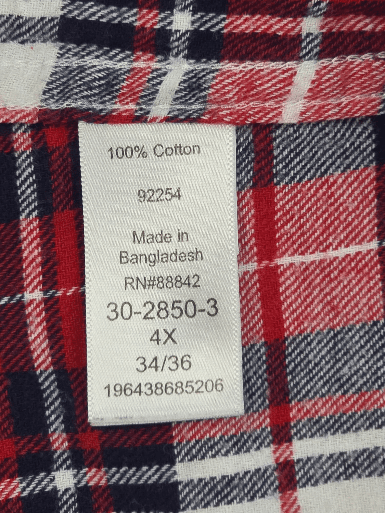 Ellos red, white, and blue plaid flannel button-up shirt material content label