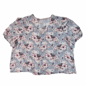 Front view of Ophelia Roe gray floral puff sleeve V-neck top size 3X