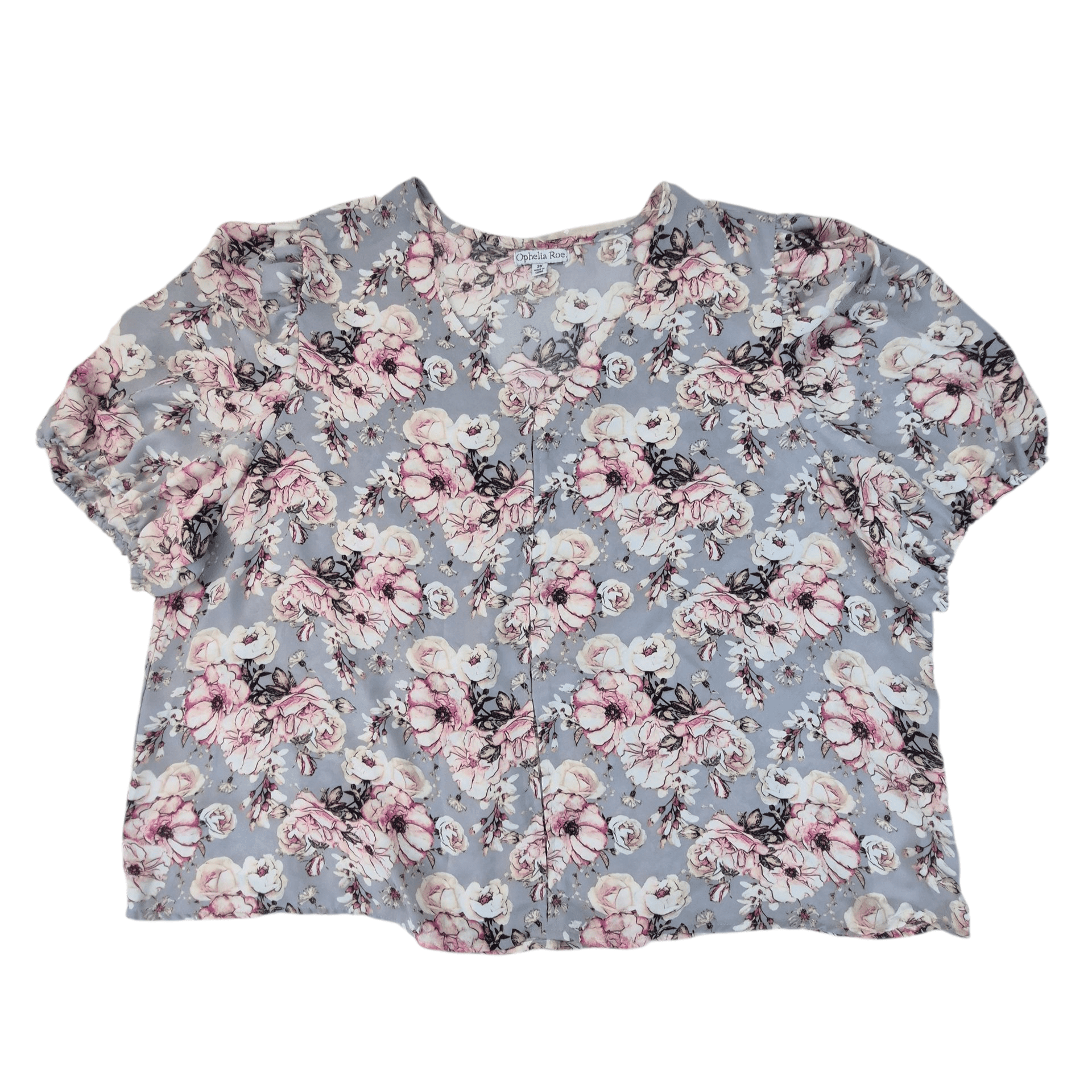 Front view of Ophelia Roe gray floral puff sleeve V-neck top size 3X