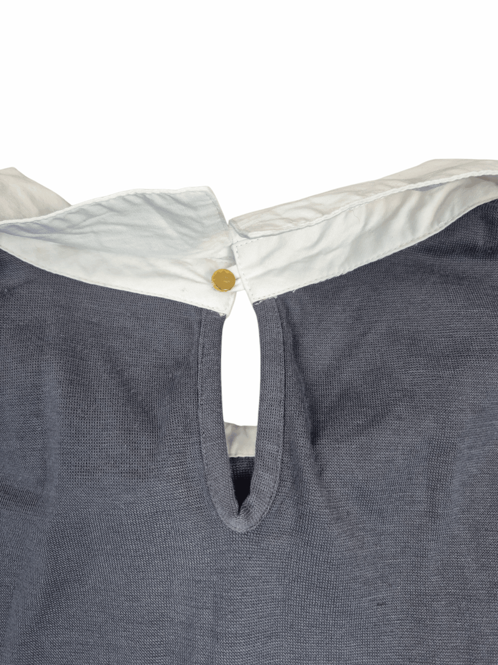 Close-up of keyhole opening with button closure on back neckline of IMAN women’s size 3X gray knit pullover faux layered top