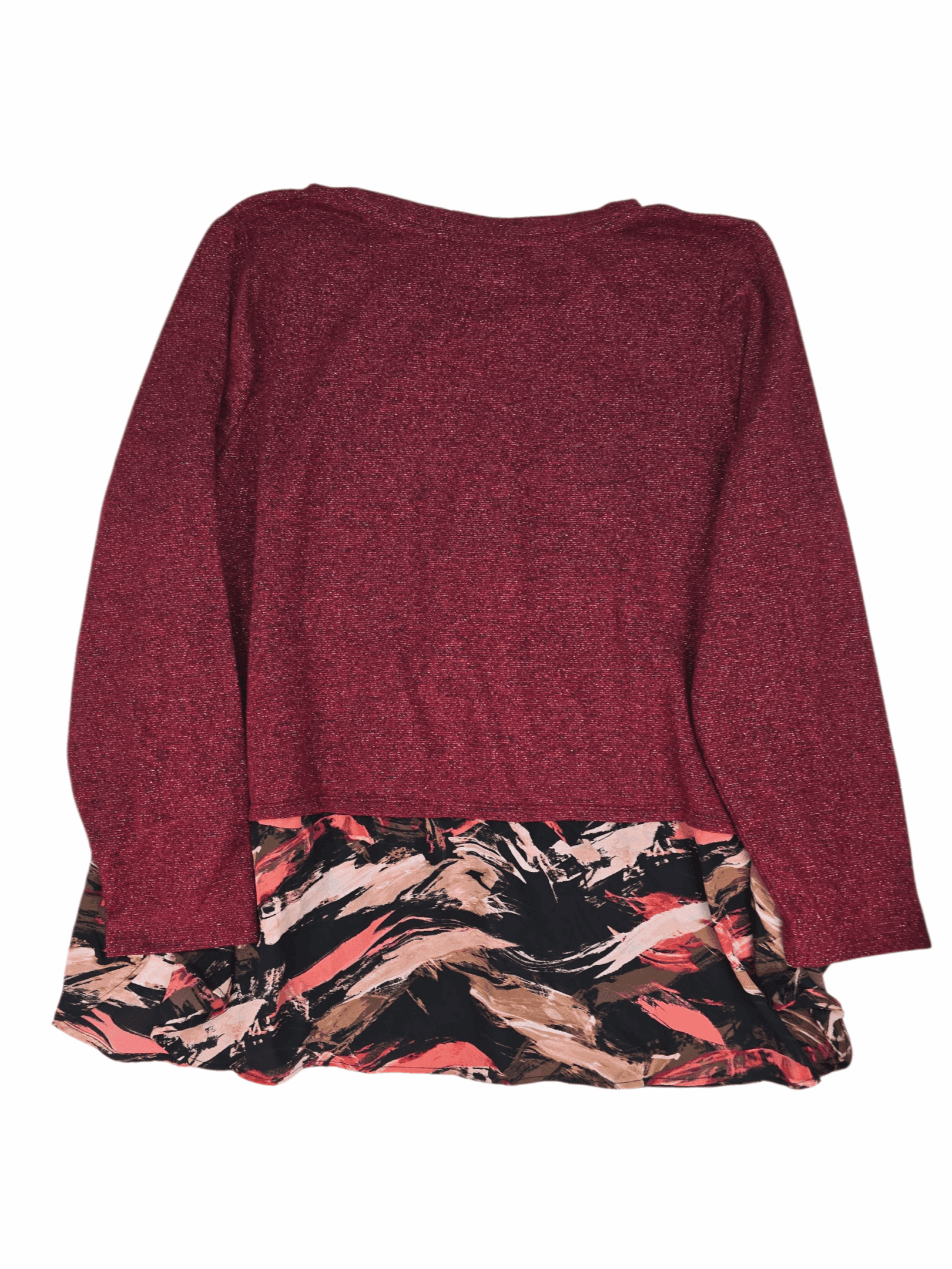 Back view of EVRI red and black layered-look pullover sweater with sparkle women’s size 3X