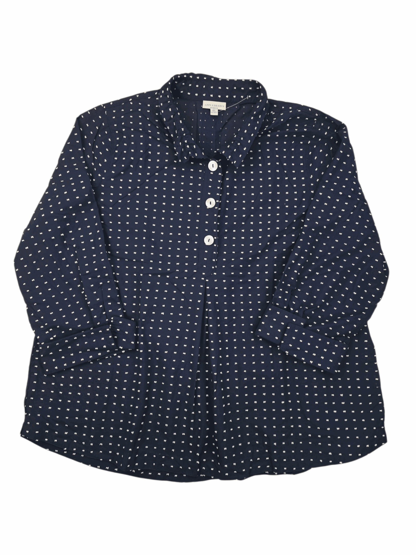 Appleseed’s women’s 3X navy blue clip dot button-front top front view