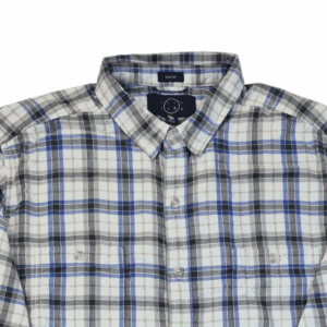 Close-up of collar, buttons, and fabric texture on NWT Even Tide blue and gray check button-up shirt size XL