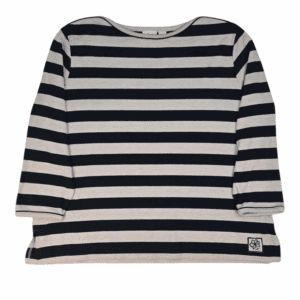 Front view of Villager Sport Woman black and tan striped boat neck top size 3X