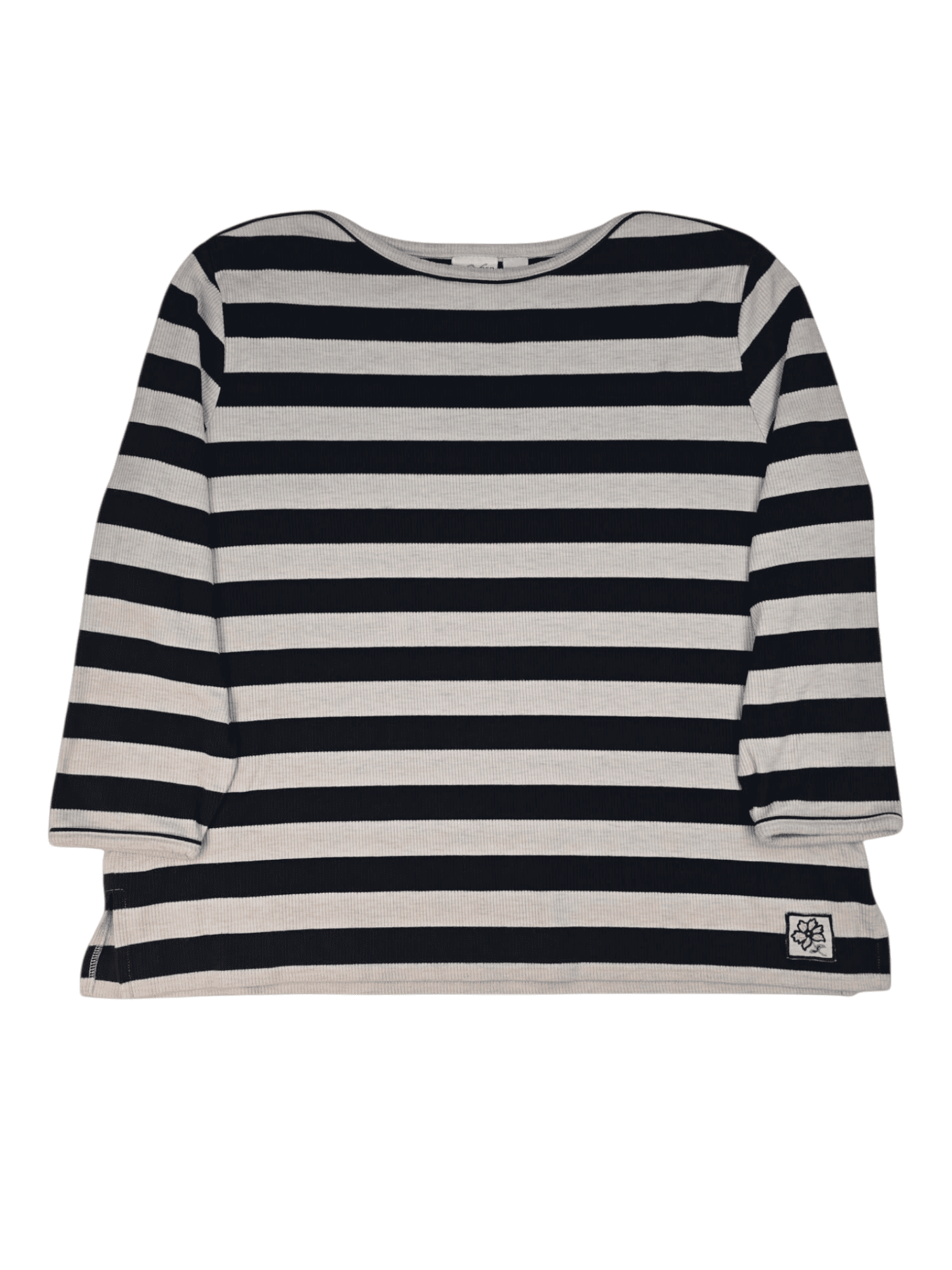 Front view of Villager Sport Woman black and tan striped boat neck top size 3X