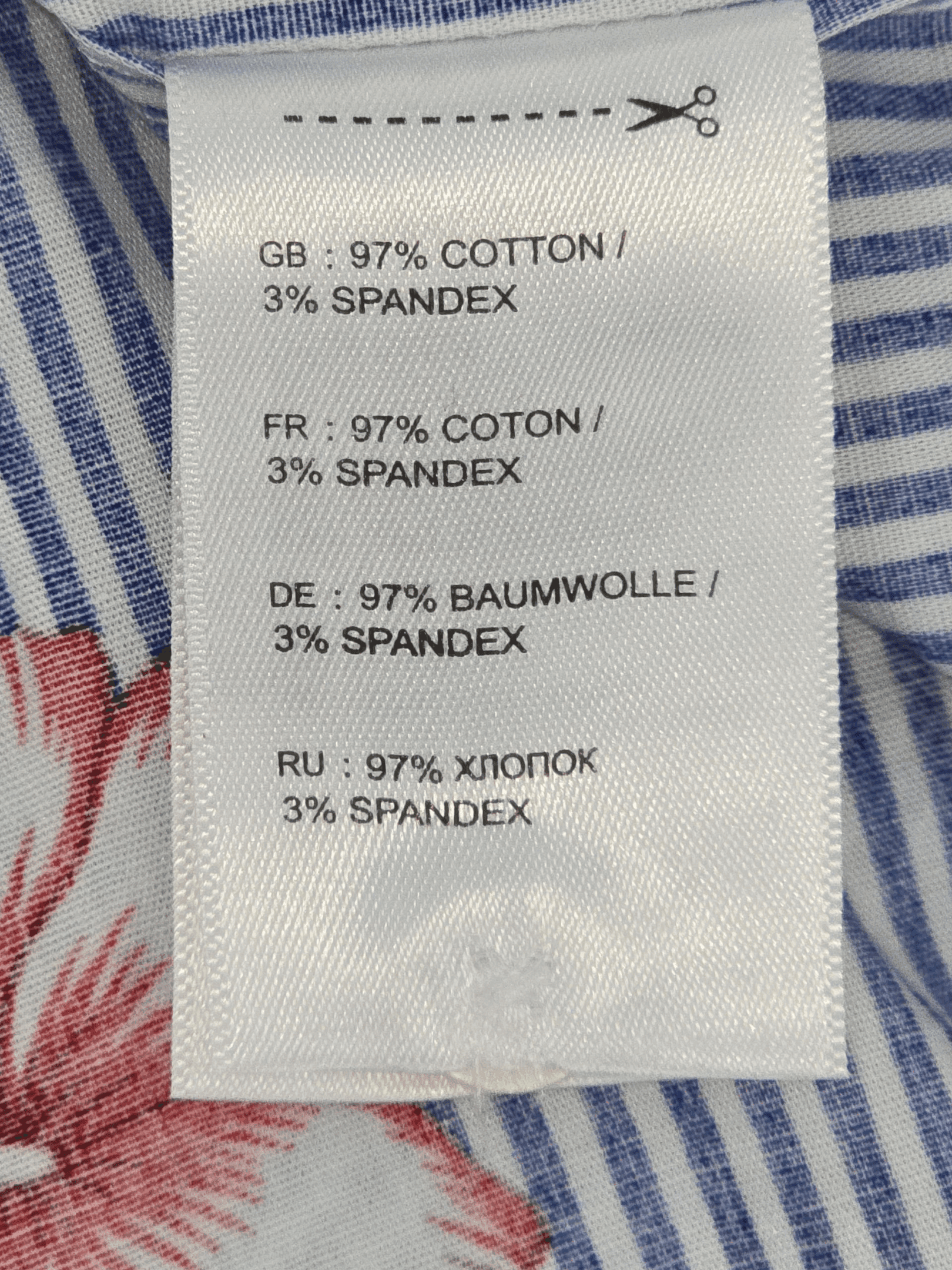 True Nation blue and white hibiscus stripe button-up shirt material content label