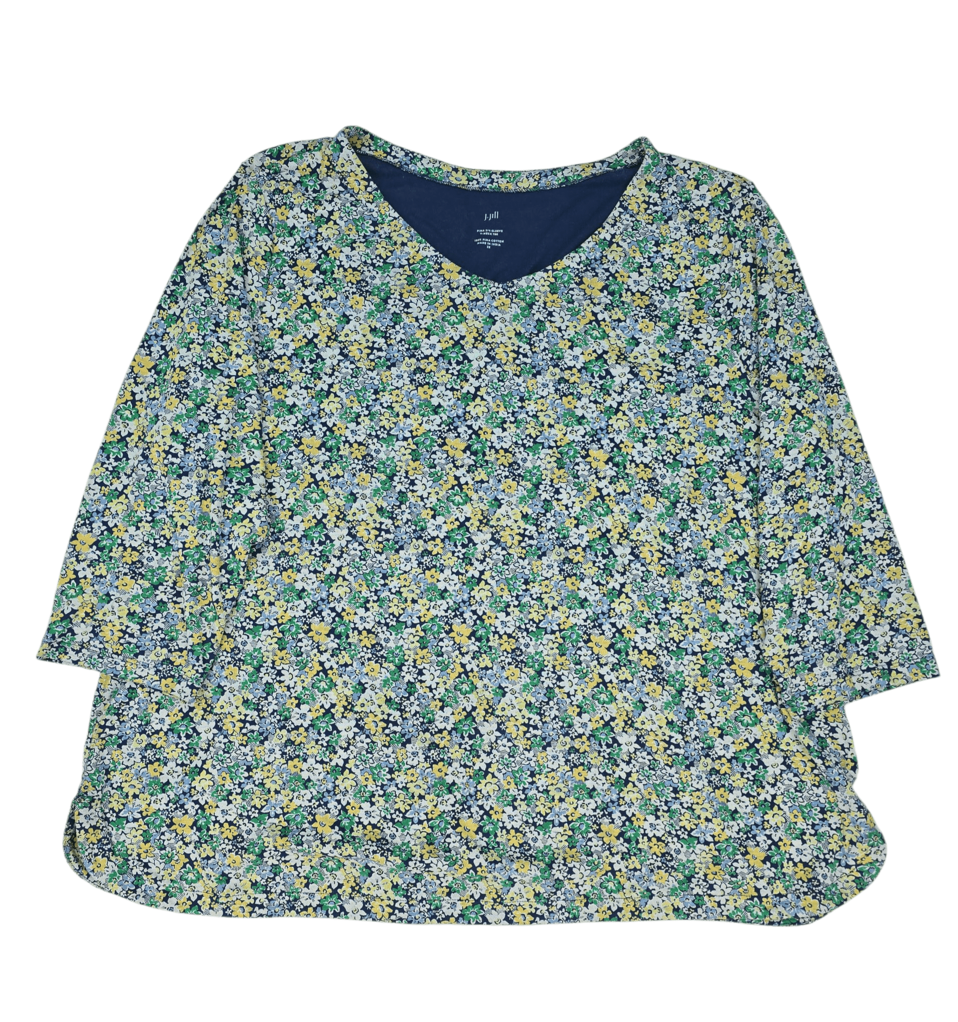 Front view of J. Jill Pima floral V-neck three-quarter sleeve tee women’s size 2X