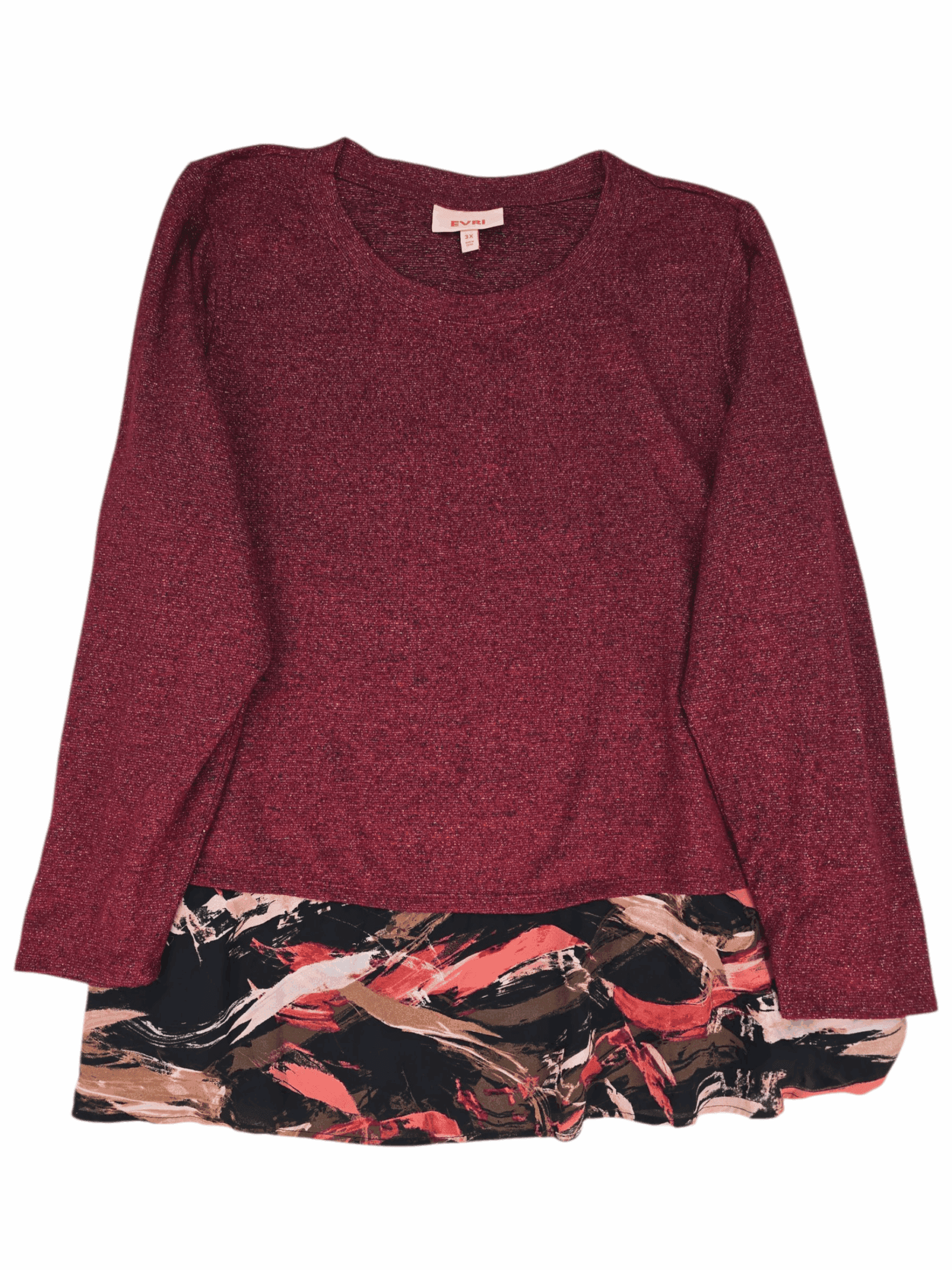 Front view of EVRI red and black layered-look pullover sweater with sparkle women’s size 3X